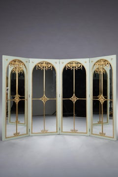 Screen room divider with mirrors on each panel in lacquered wood and gilt bronze