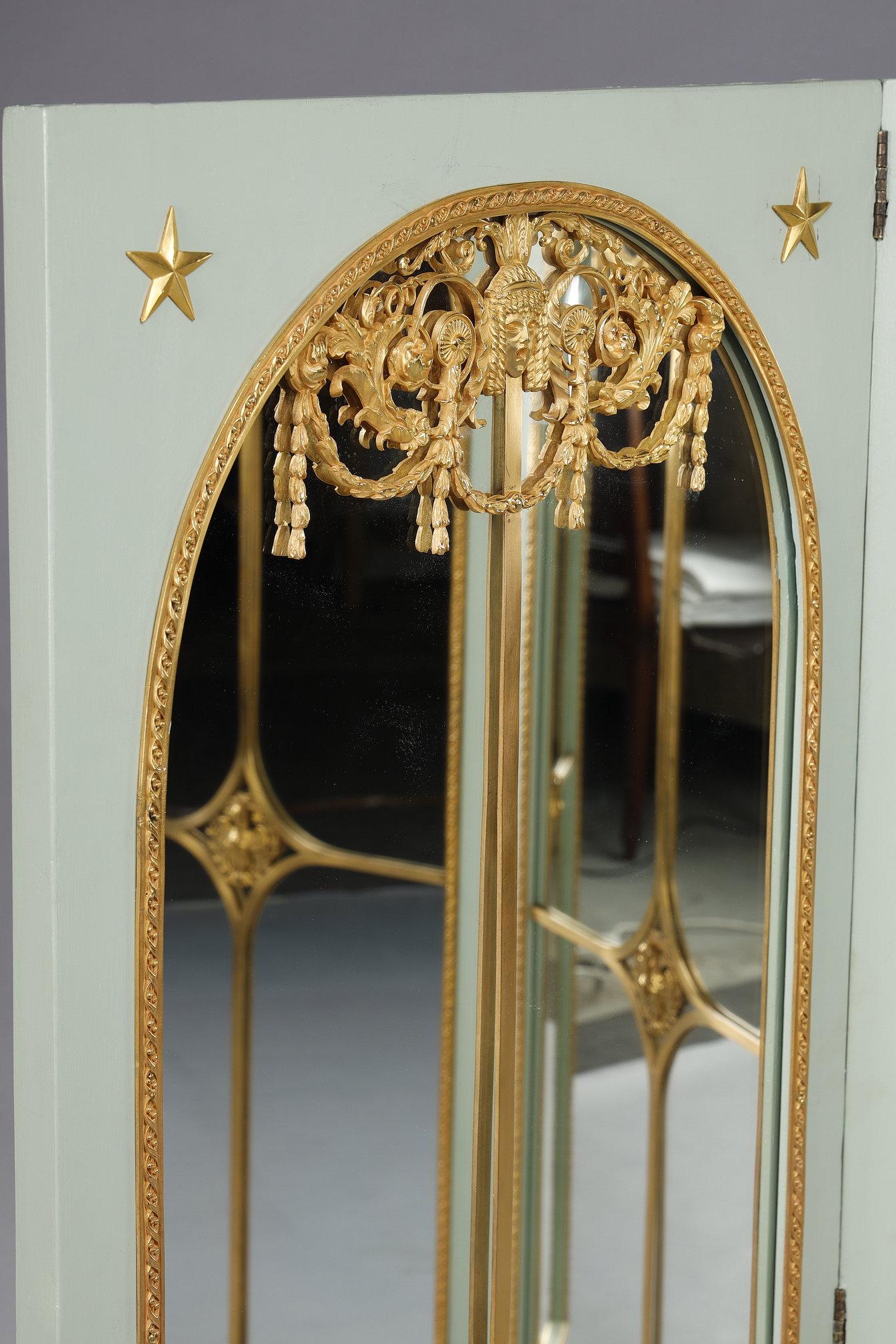 Paravent de pièce avec miroirs sur chaque panneau en bois laqué et bronze doré en vente 2