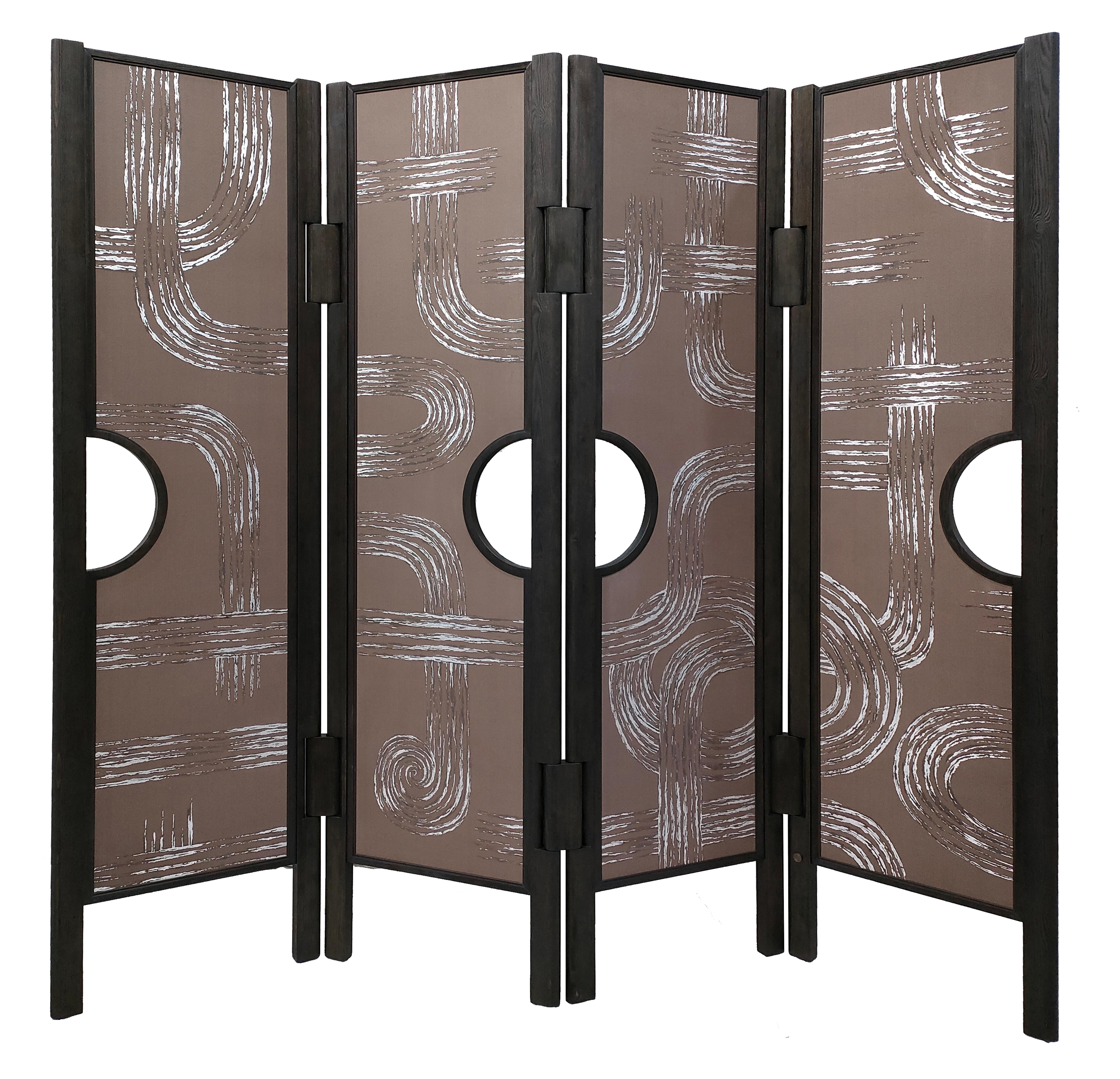 Description: Screen with 4 panels in pinewood and oak wood with De Gournay covering
Color: Charcoal and raw earth 
Size: 219 x 4 x 200 H cm
Material: Pinewood and oak wood
Collection: Art Déco Garden.