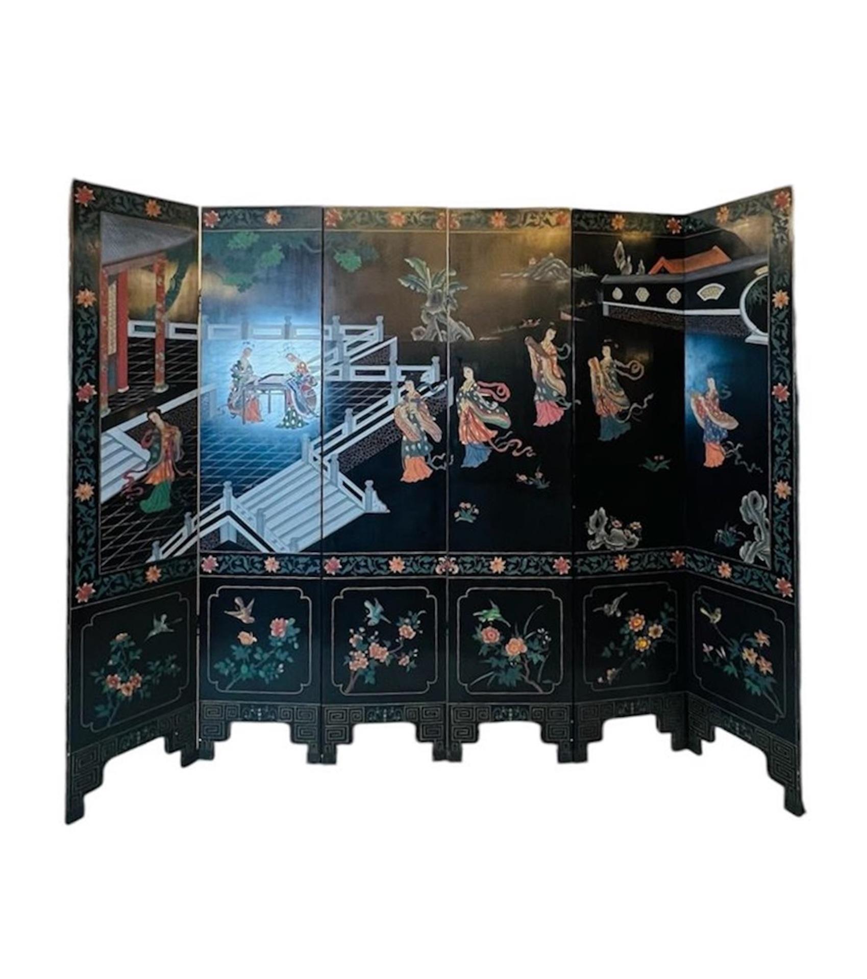 Paravent à 6 panneaux en bois laqué et sculpté - décorations à double face en vente 4