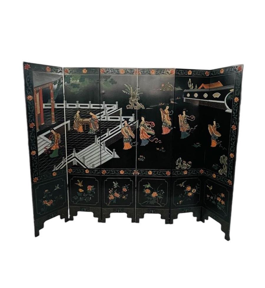 
Paravent à 6 panneaux en bois laqué et sculpté - Décorations double face - Chine - Circa 1950