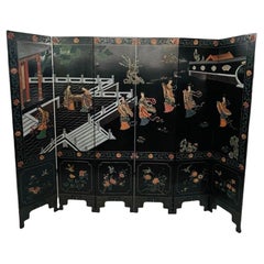 Screen With 6 Panels In Lacquered And Carved Wood - Double-Sided Decorations -