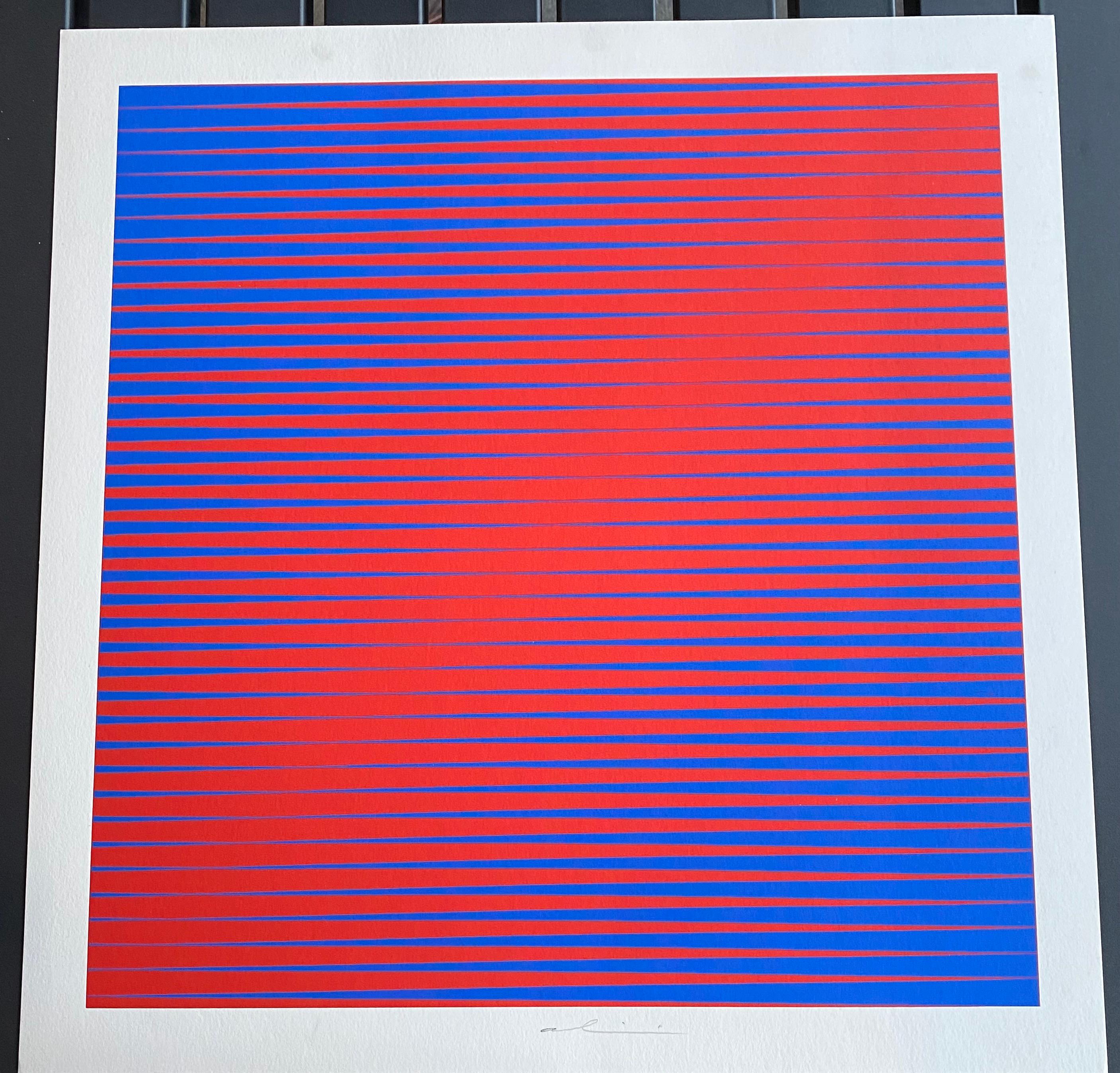 Screenprint in good condition by the Italian Op-Art artist Getulio Alviani.
Getulio Alviani (1939-2018) was an Italian painter, object artist and representative of Op Art or Kinetic Art. He created abstract works both in reduced black-and-white and