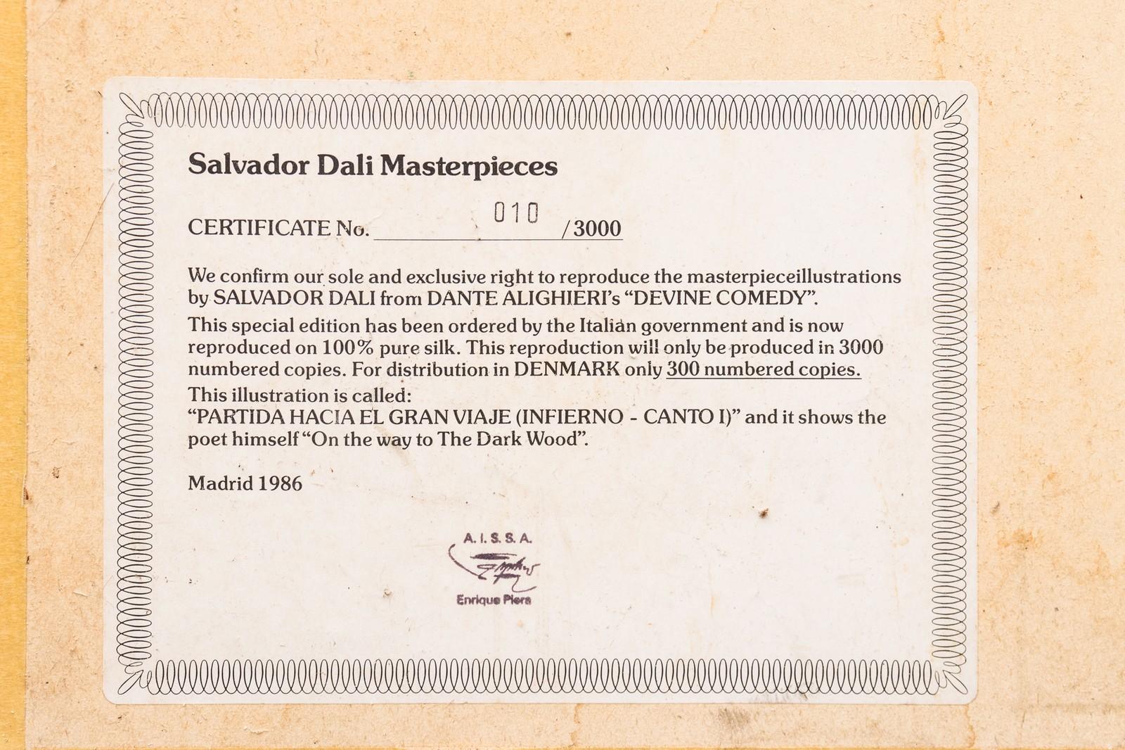 Metà XX secolo Serigrafia su seta dopo l'illustrazione di Salvador Dali per la Divina Commedia di Dante