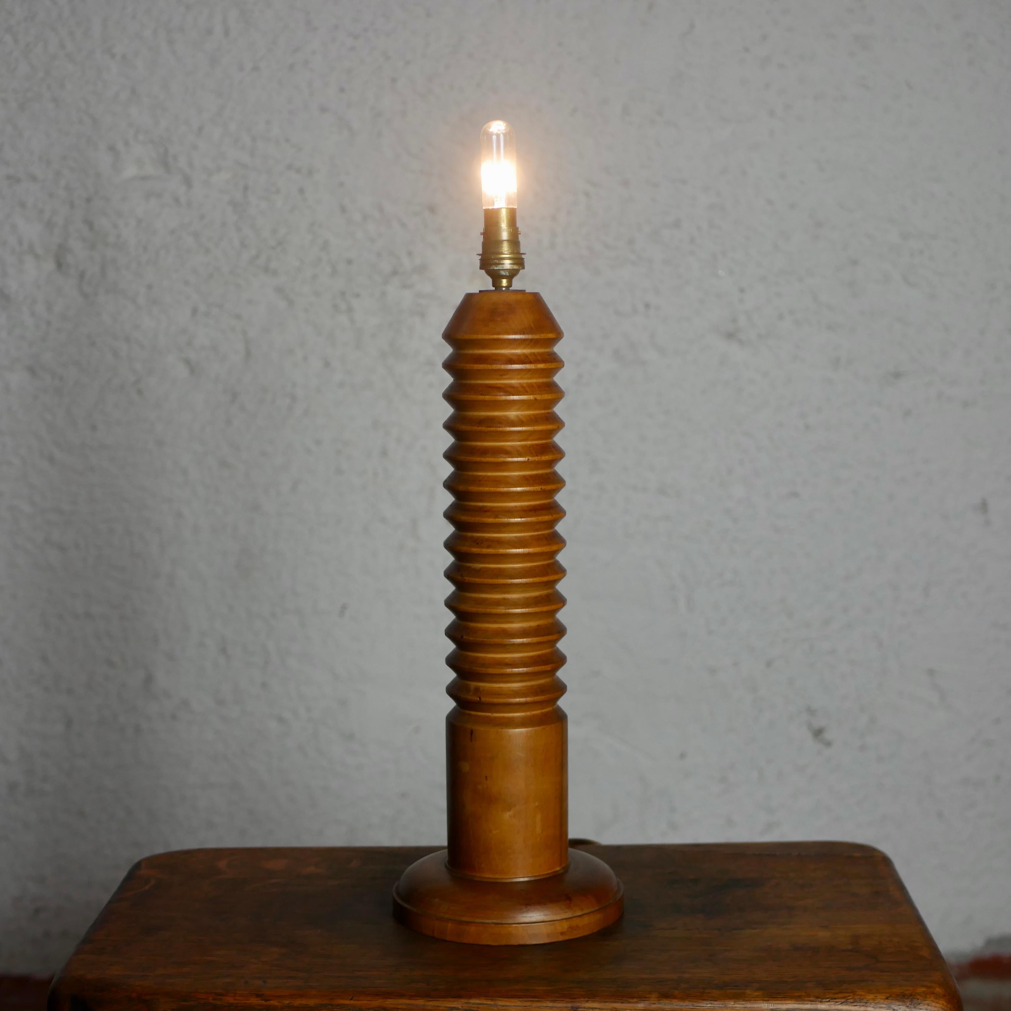 Wood Screw shape wood lamp base from France, mid-20th century For Sale