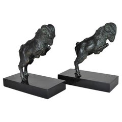 Scribe, Pair of Ibex Bookends, Bronze, Signed, Art Deco, 20th Century