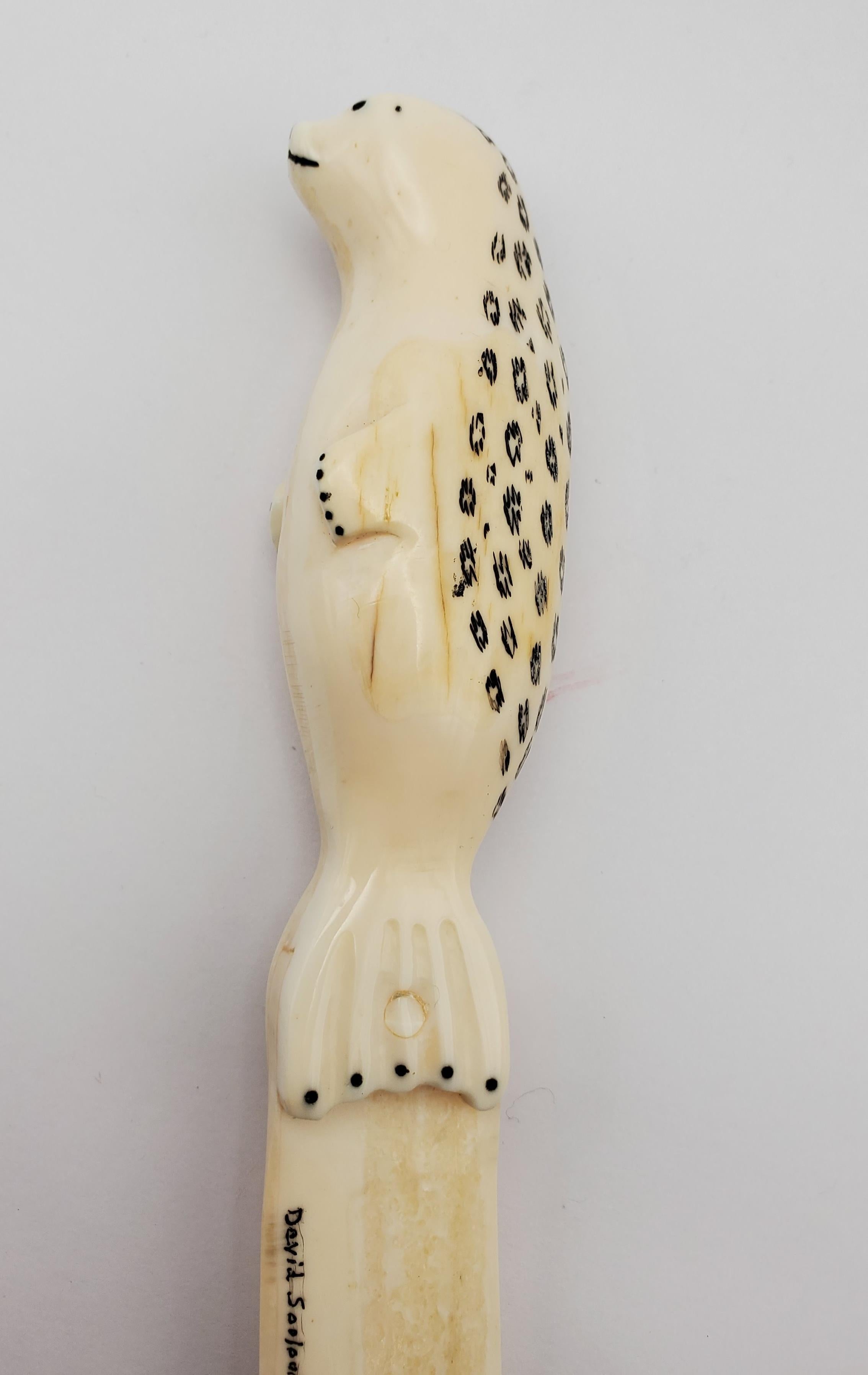 Women's or Men's Scrimshaw Carved Walrus Ivory Tusk Inuit Spotted Seal Knife For Sale