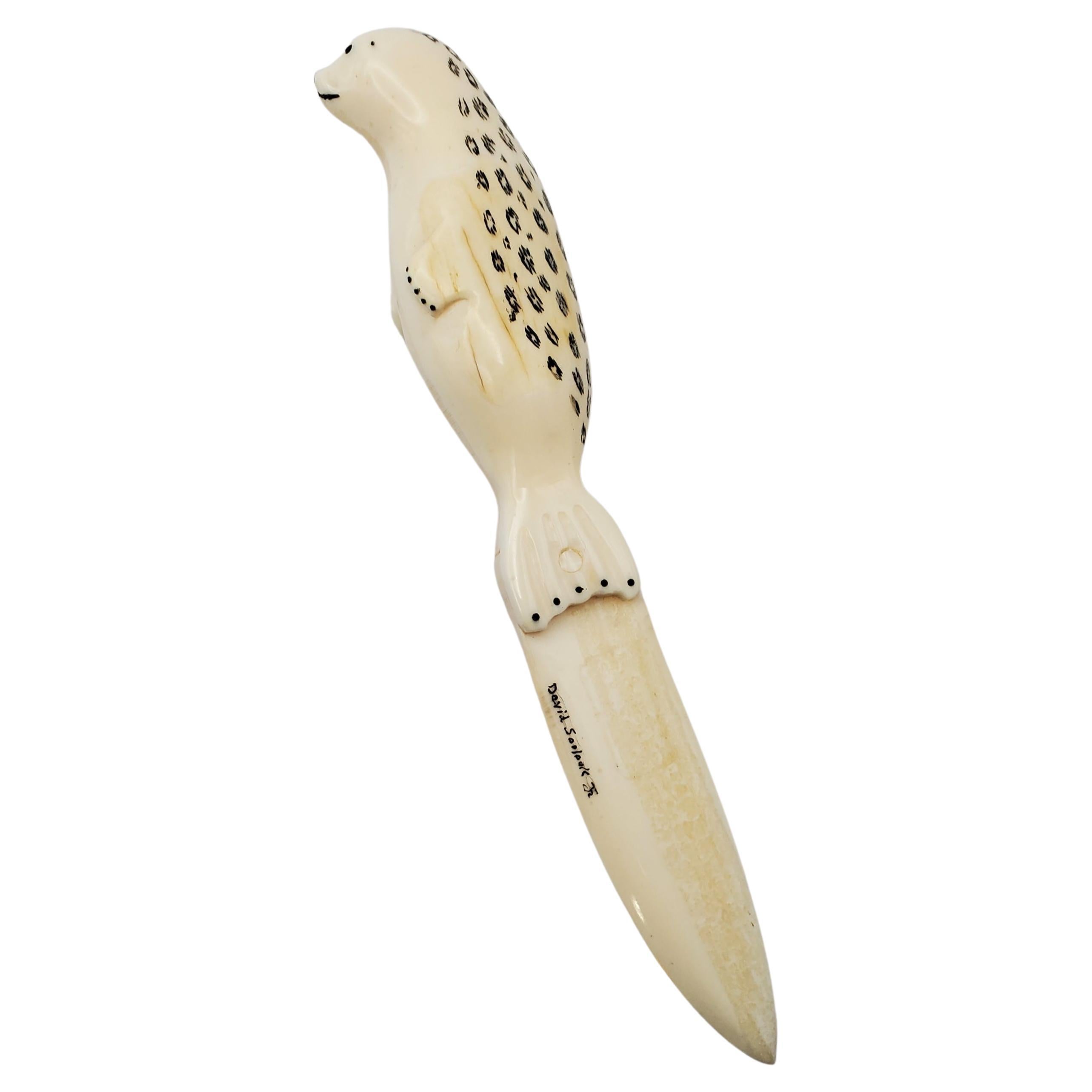 Scrimshaw Carved Walrus Ivory Tusk Inuit Spotted Seal Knife For Sale