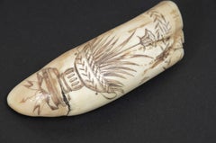 Scrimshaw di dente di balena con baleniera di nome Fox e vaso greco inciso 1850s