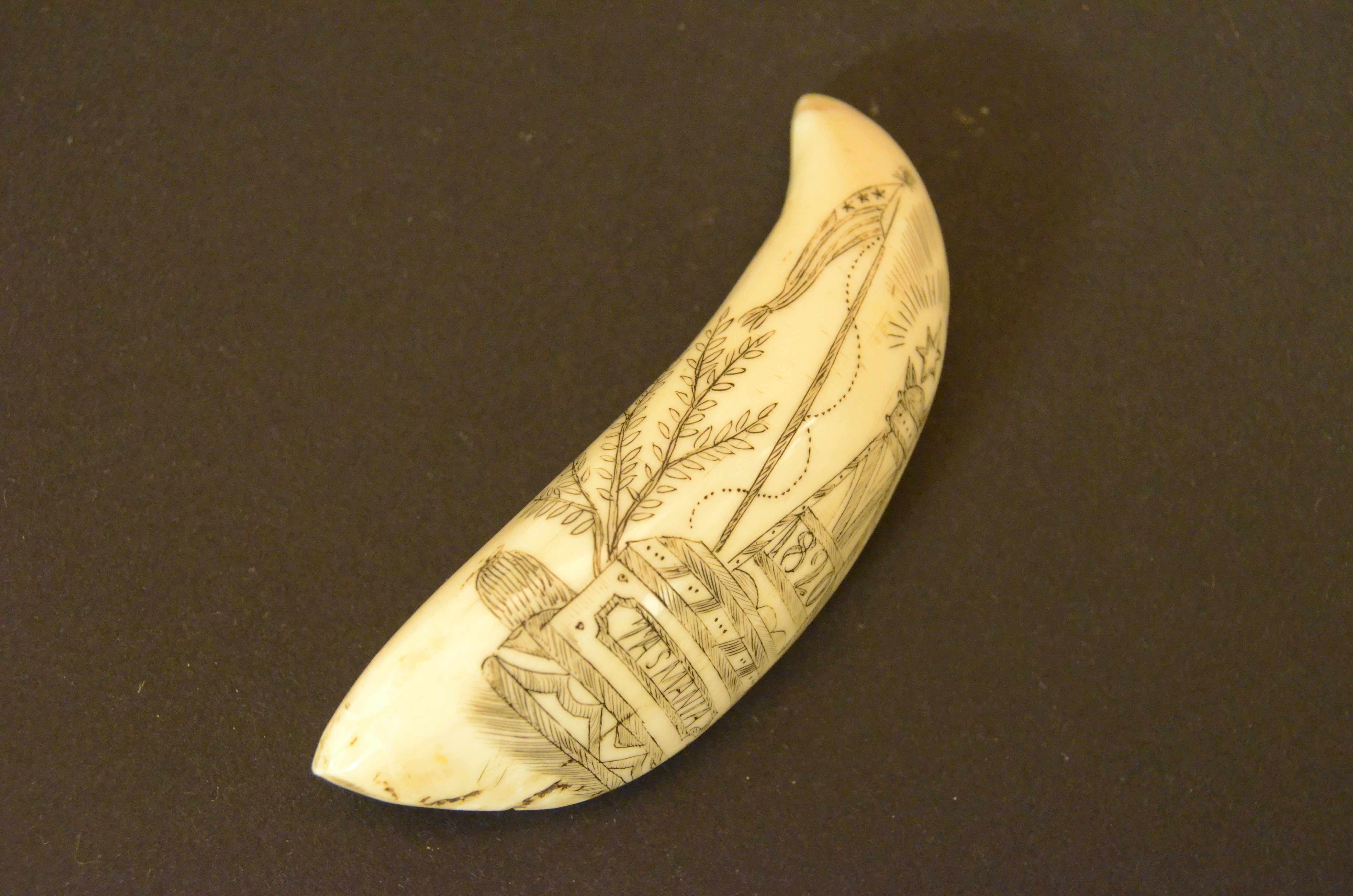 Scrimshaw of whale tooth engraved with 1820s truncated pyramid cippus and Man For Sale 5
