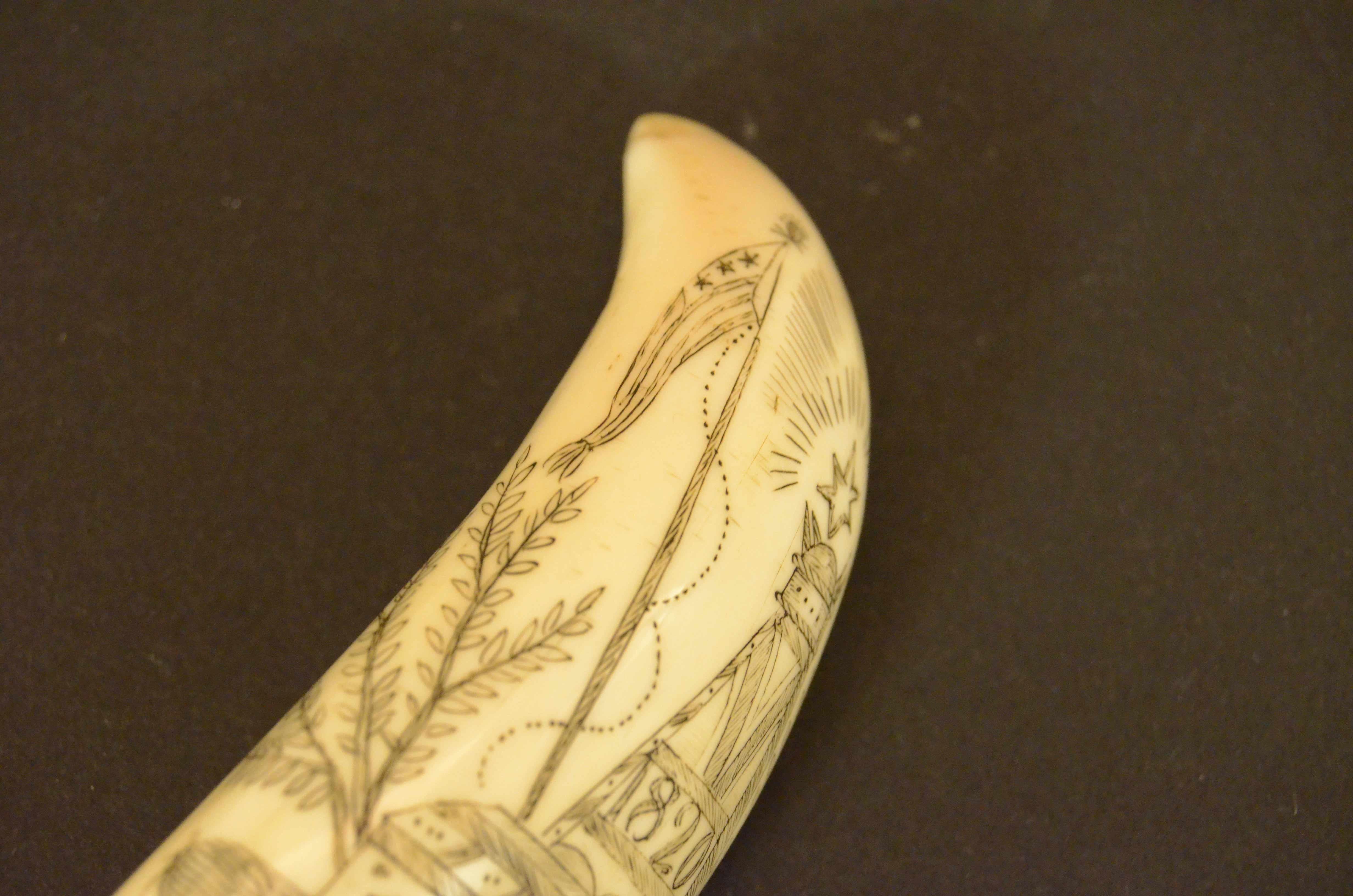 Scrimshaw of whale tooth engraved with 1820s truncated pyramid cippus and Man For Sale 6