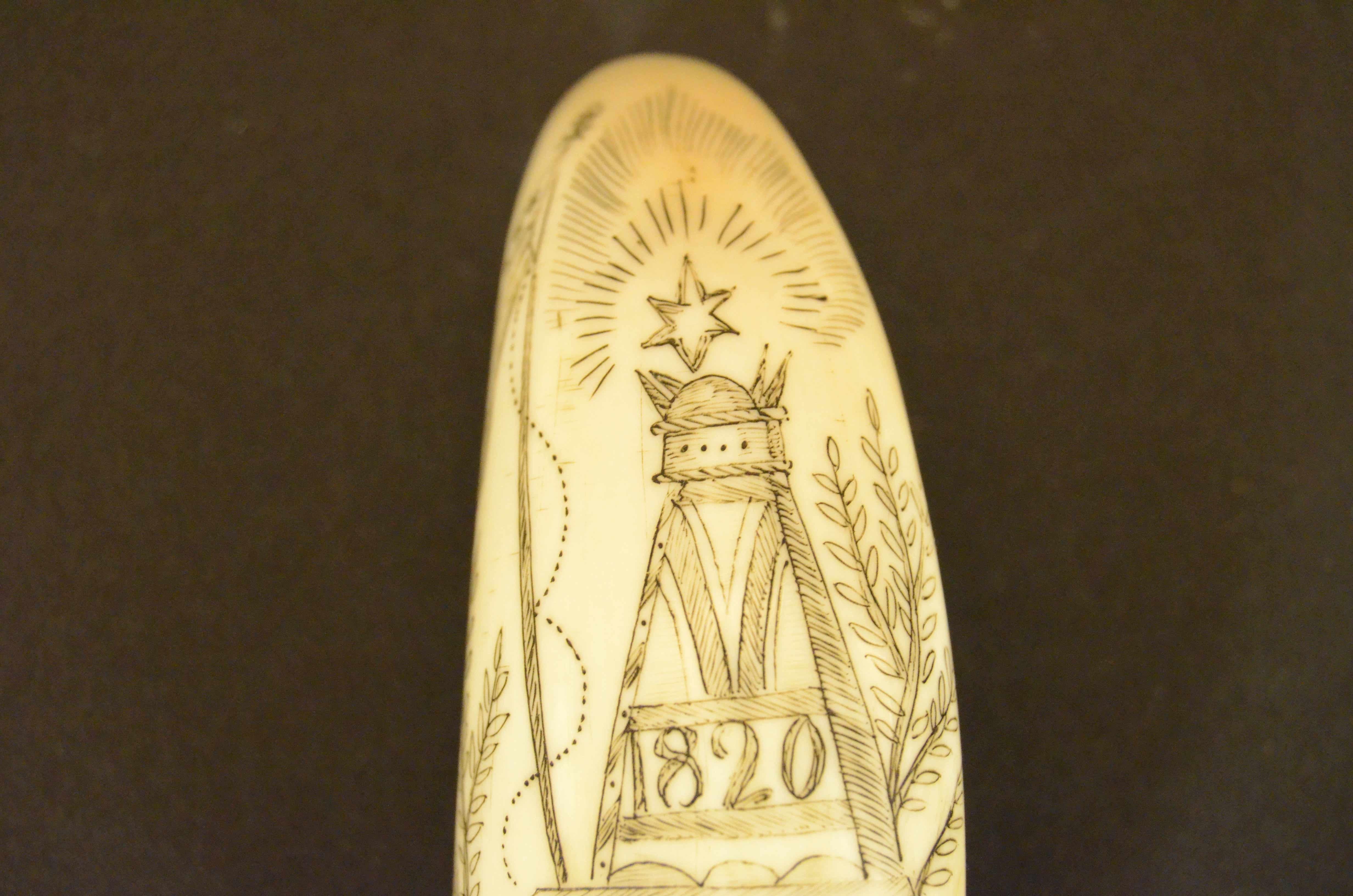 Scrimshaw of whale tooth engraved with 1820s truncated pyramid cippus and Man For Sale 7