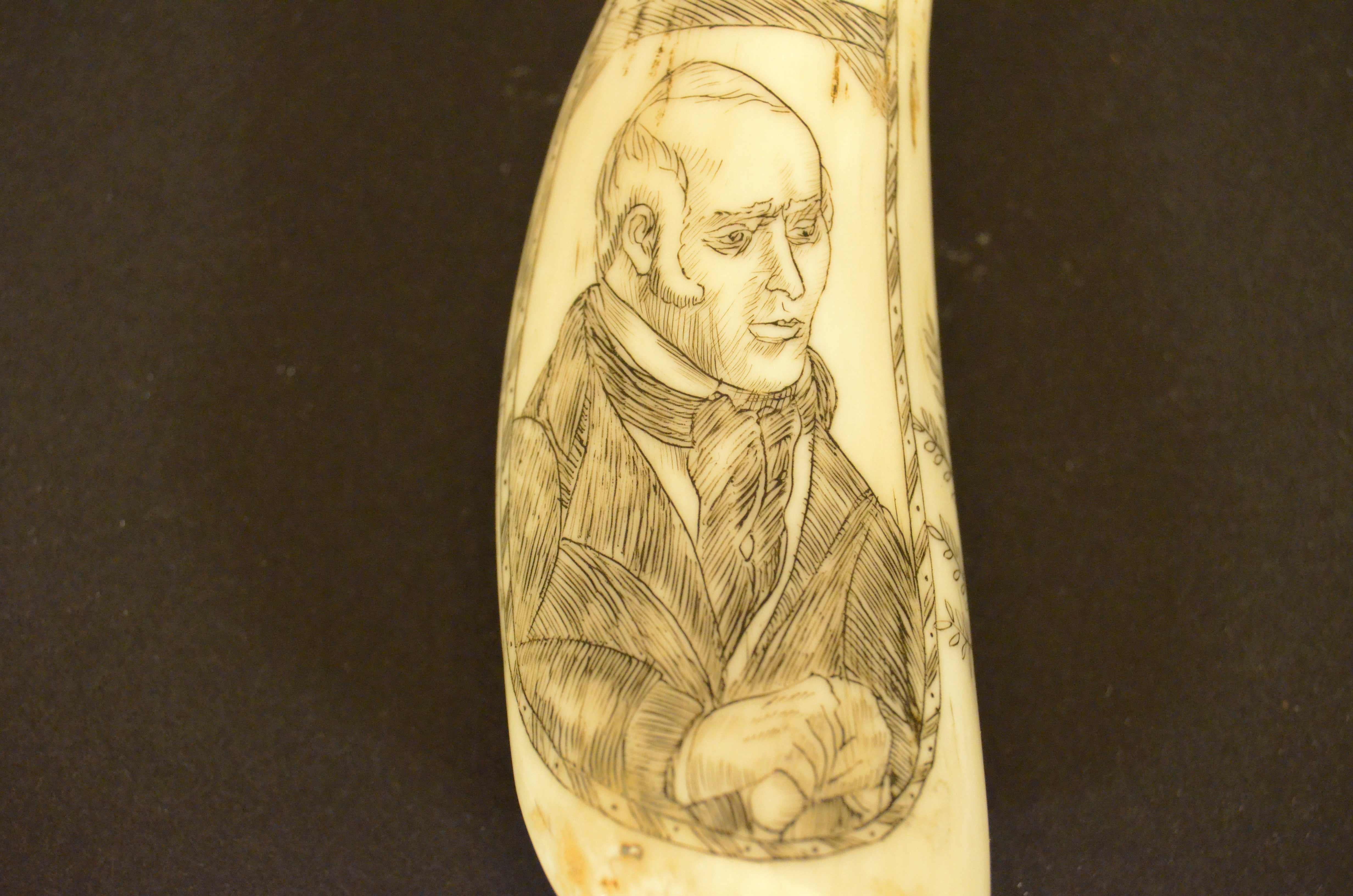 Early 19th Century Scrimshaw of whale tooth engraved with 1820s truncated pyramid cippus and Man For Sale