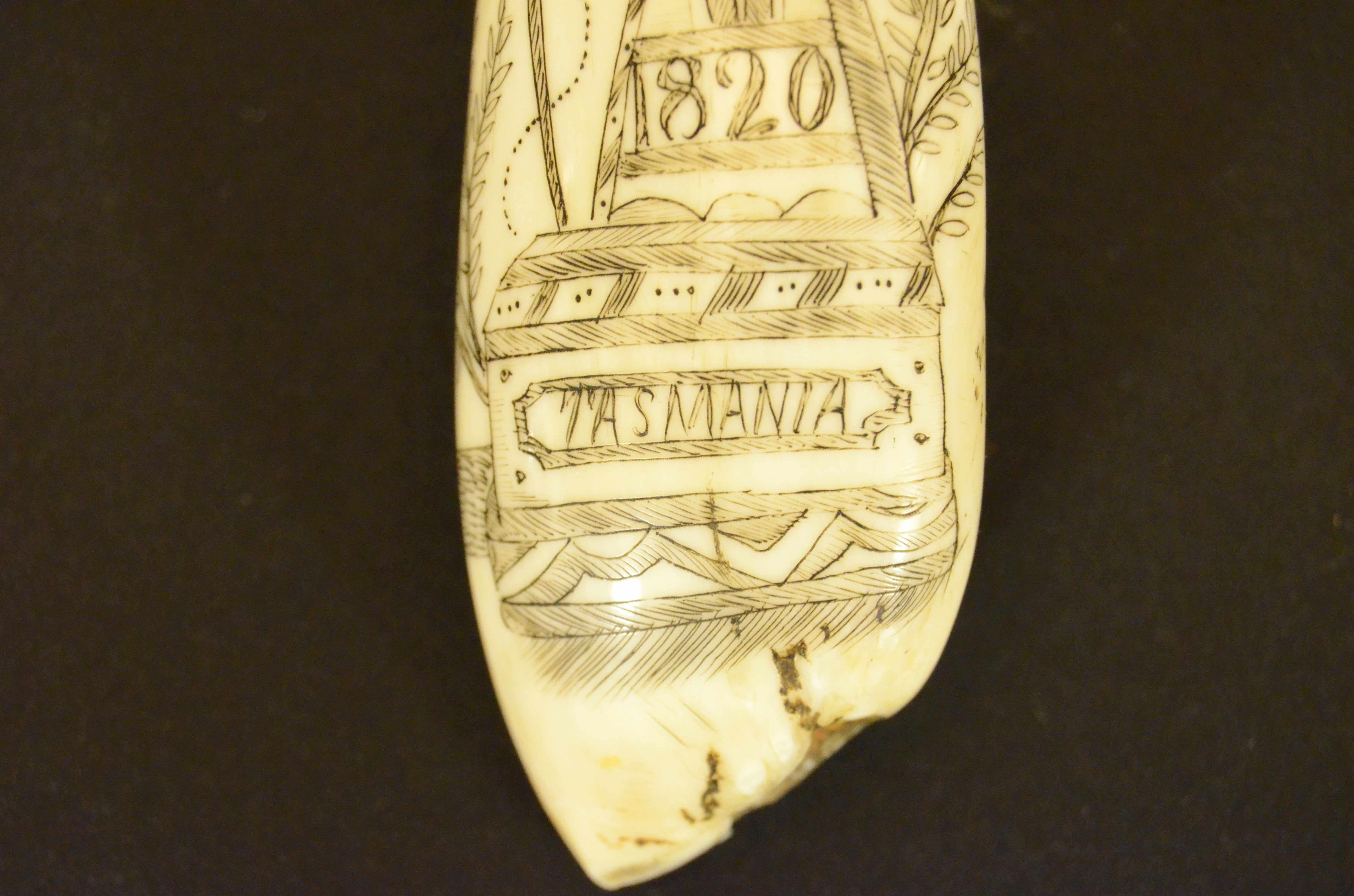 Teeth Scrimshaw of whale tooth engraved with 1820s truncated pyramid cippus and Man For Sale
