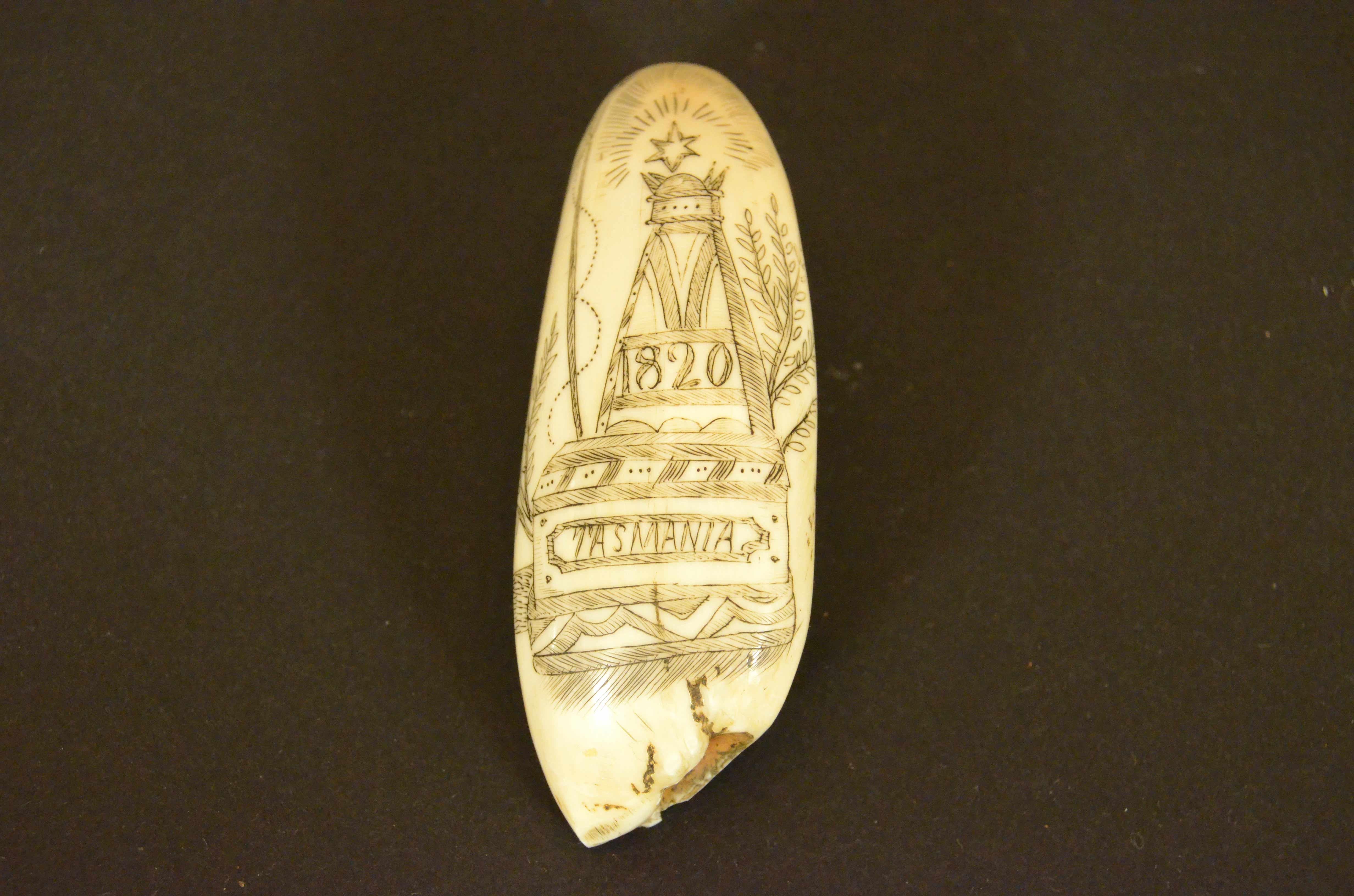 Scrimshaw of whale tooth engraved with 1820s truncated pyramid cippus and Man For Sale 1
