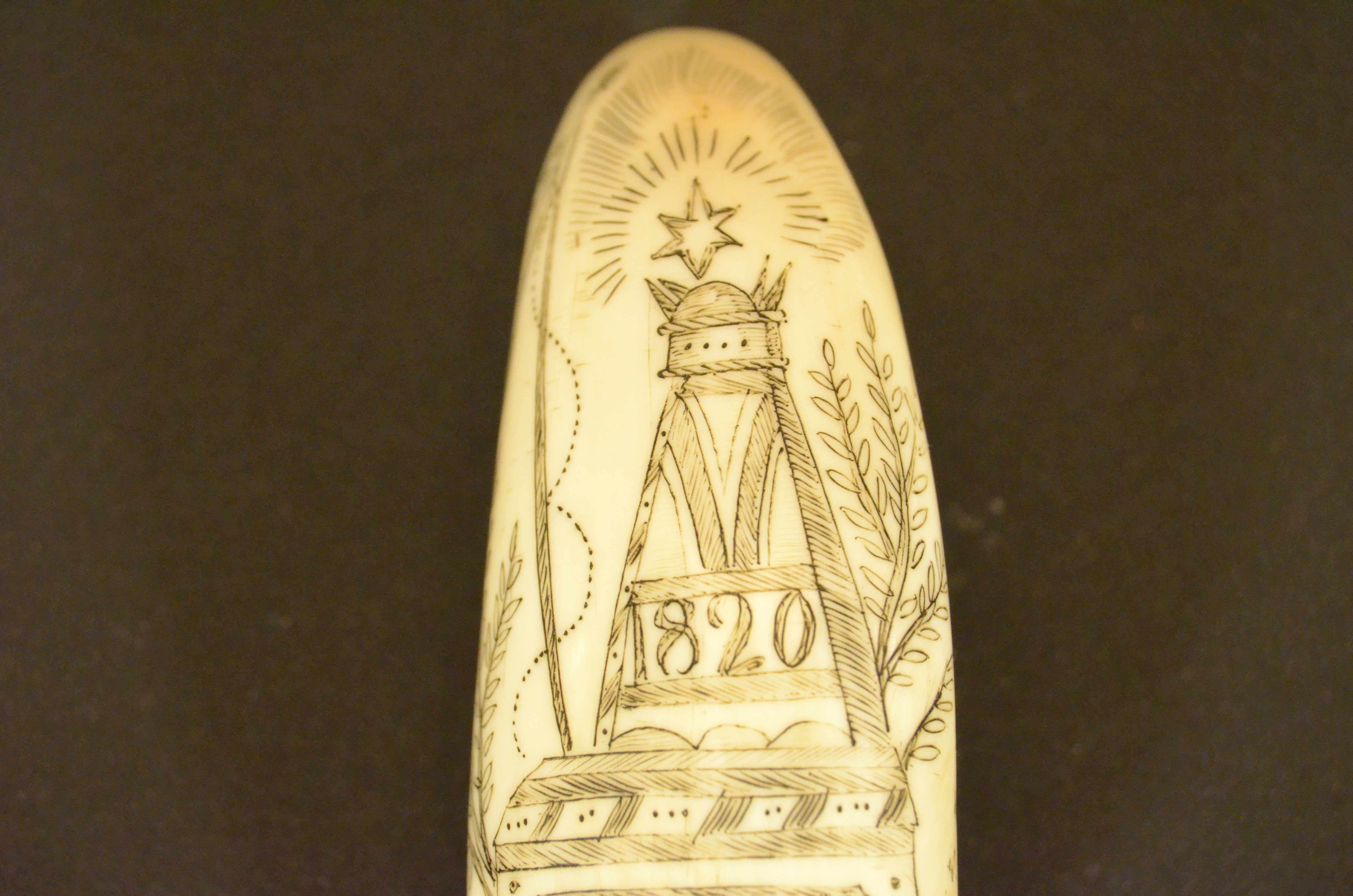 Scrimshaw of whale tooth engraved with 1820s truncated pyramid cippus and Man For Sale 2