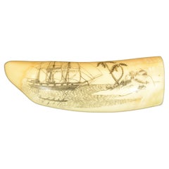 Scrimshaw of whale tooth engraved with three-masted sailing ship island palm hut
