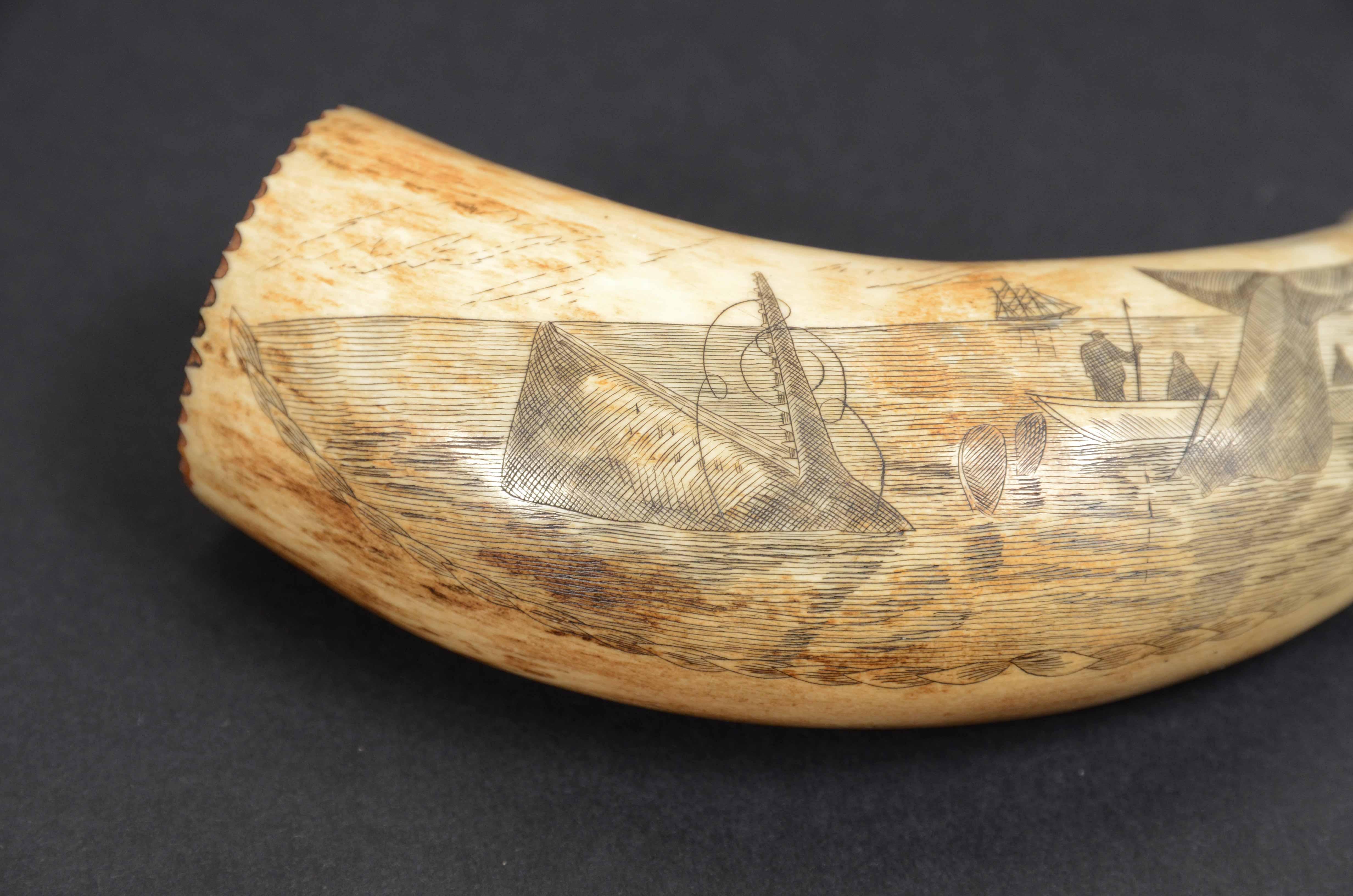 Scrimshaw of engraved whale tooth dated 1867 with whaling scene In Good Condition In Milan, IT
