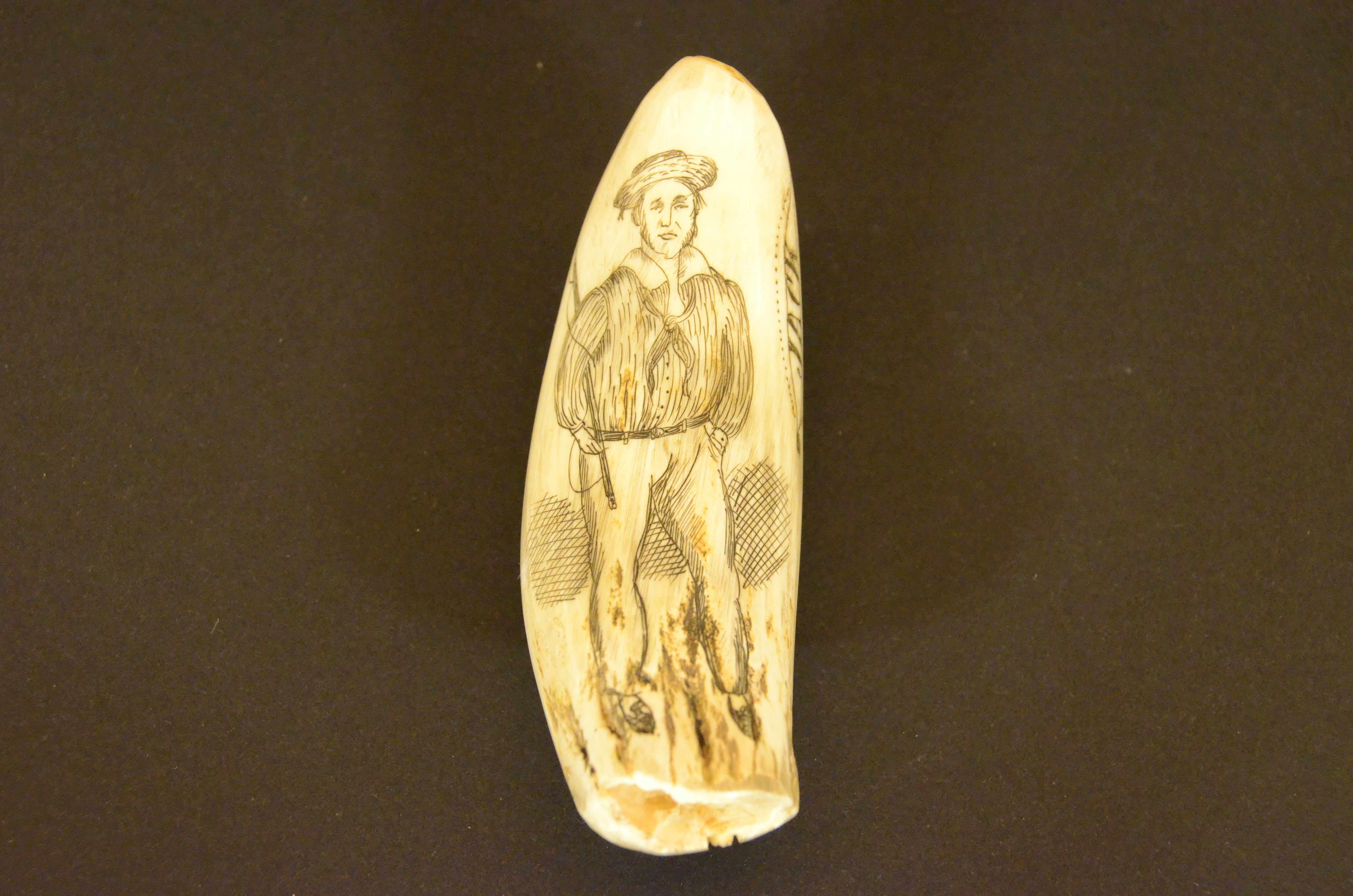 19th Century Scrimshaw of whale tooth engraved front sailing ship on the back the whaler Jack For Sale