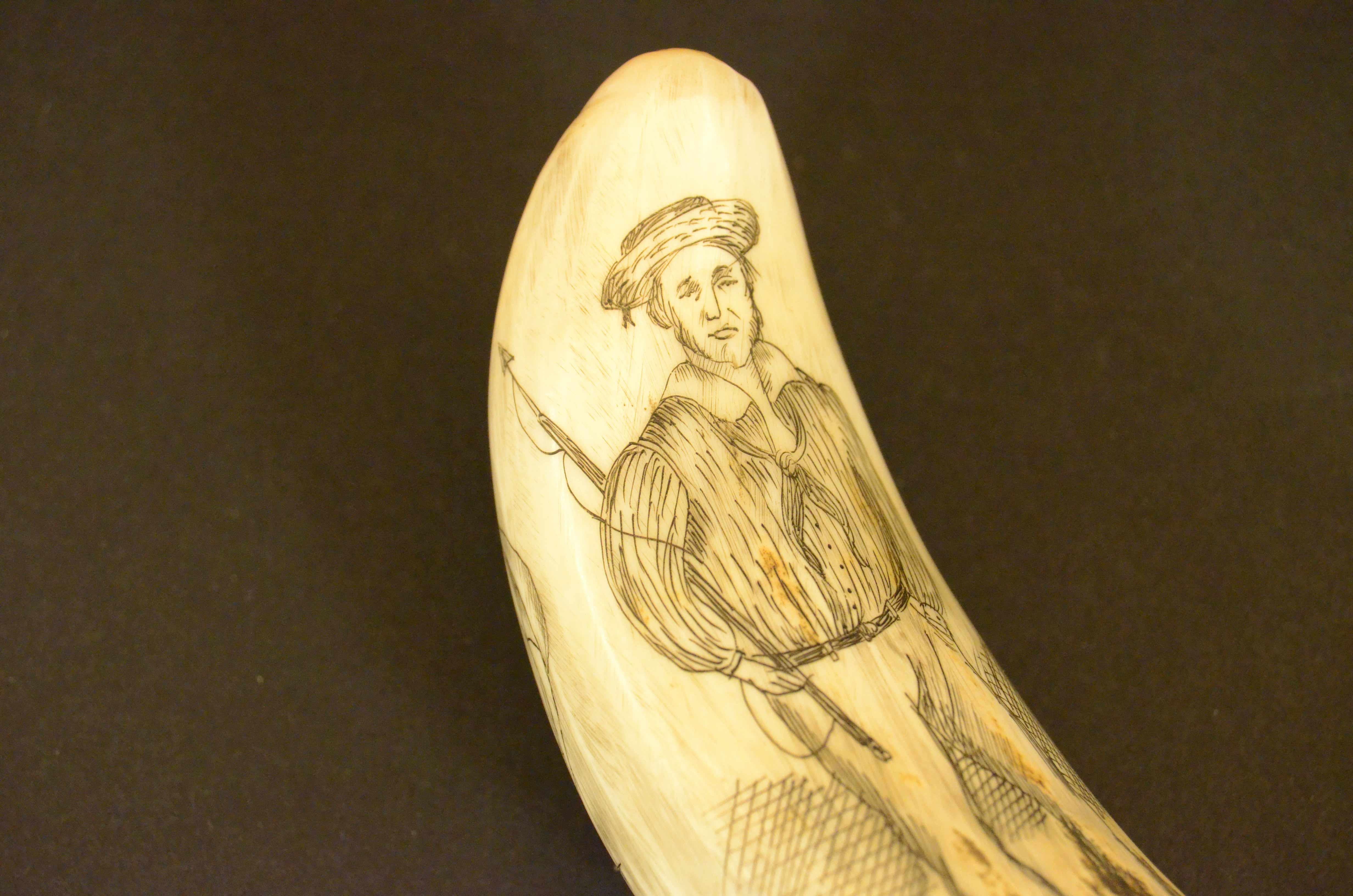 Scrimshaw of whale tooth engraved front sailing ship on the back the whaler Jack For Sale 1