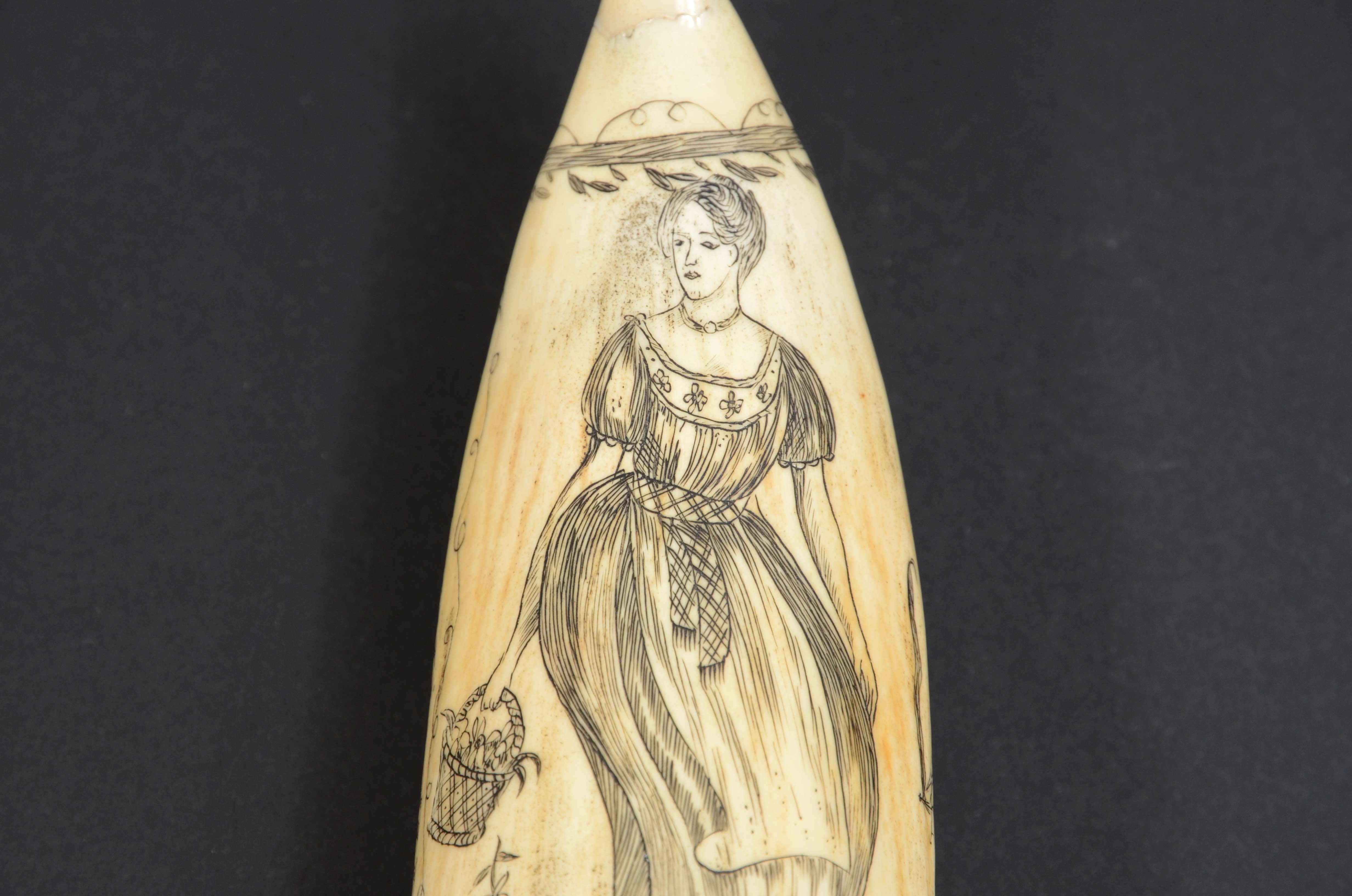 Scrimshaw of excellently made engraved whale's tooth dated around 1850 For Sale 6
