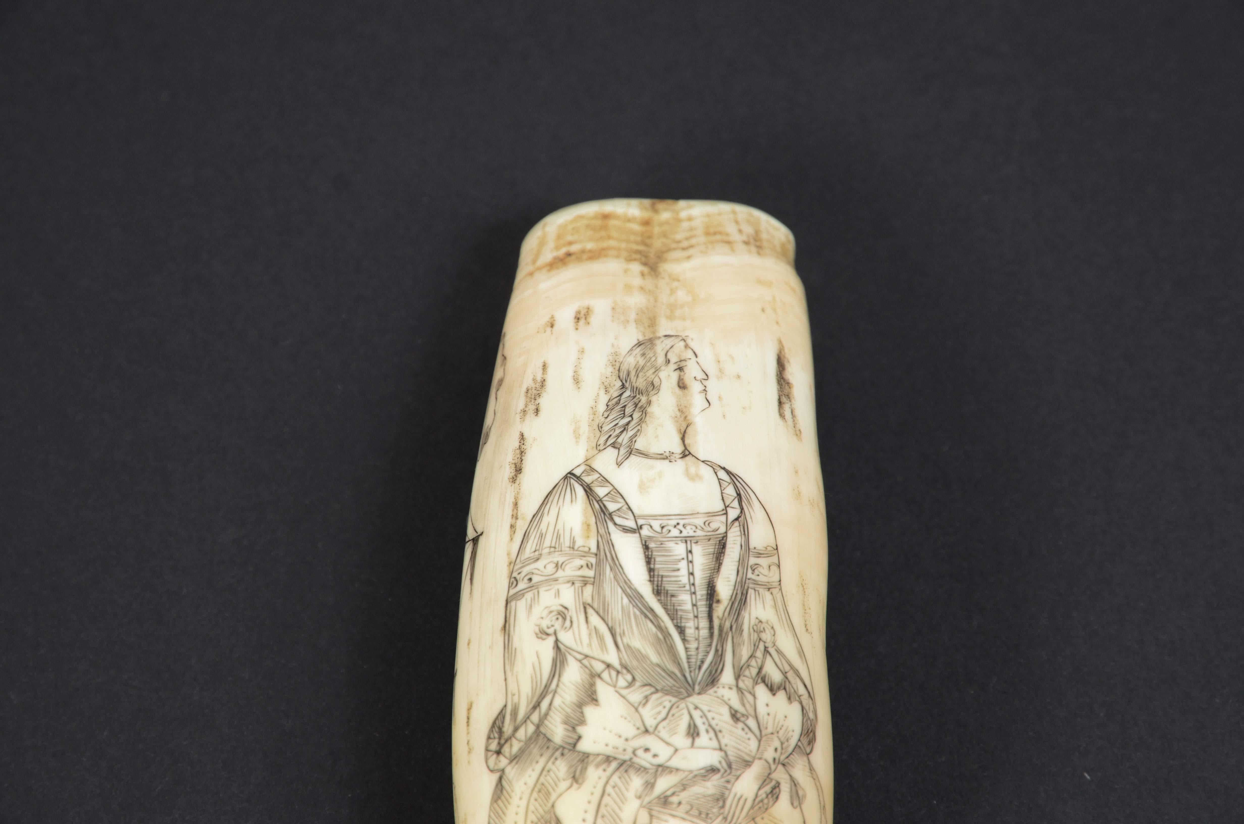Teeth Engraved whale tooth scrimshaw of fine workmanship datable around  1850 For Sale