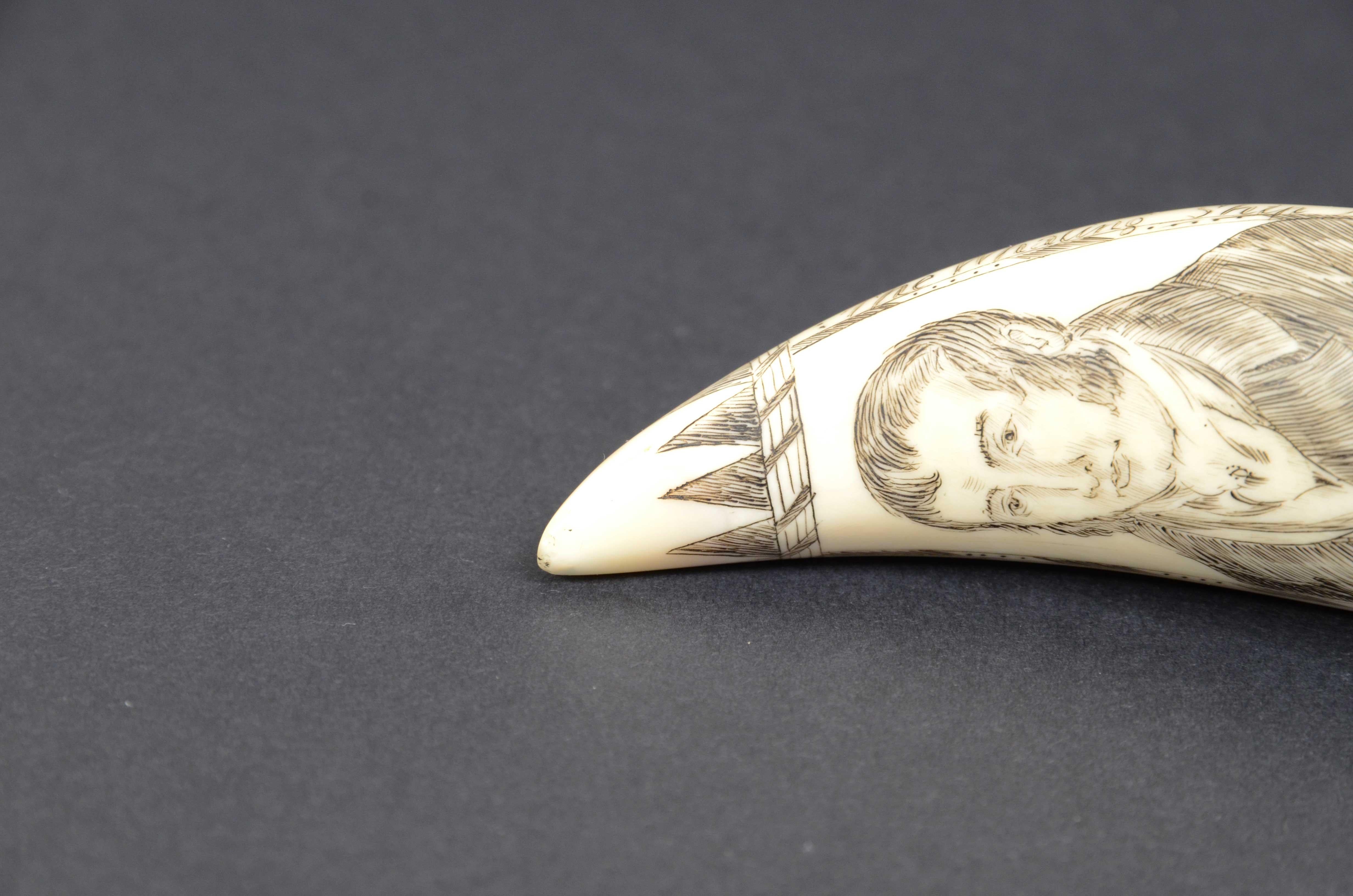 Scrimshaw of engraved whale tooth and excellent workmanship datable to around 1850 6