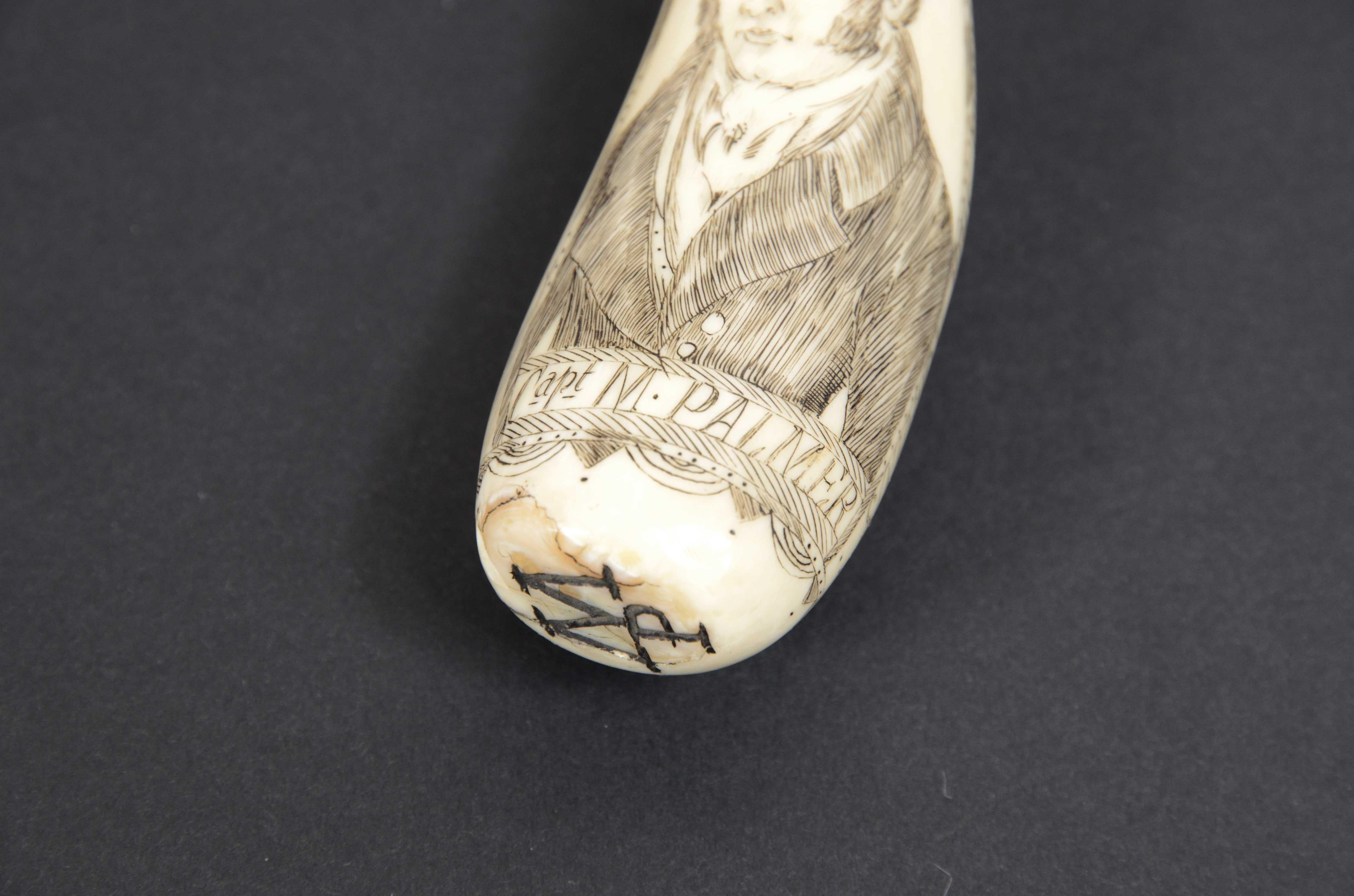 Scrimshaw of engraved whale tooth and excellent workmanship datable to around 1850 1