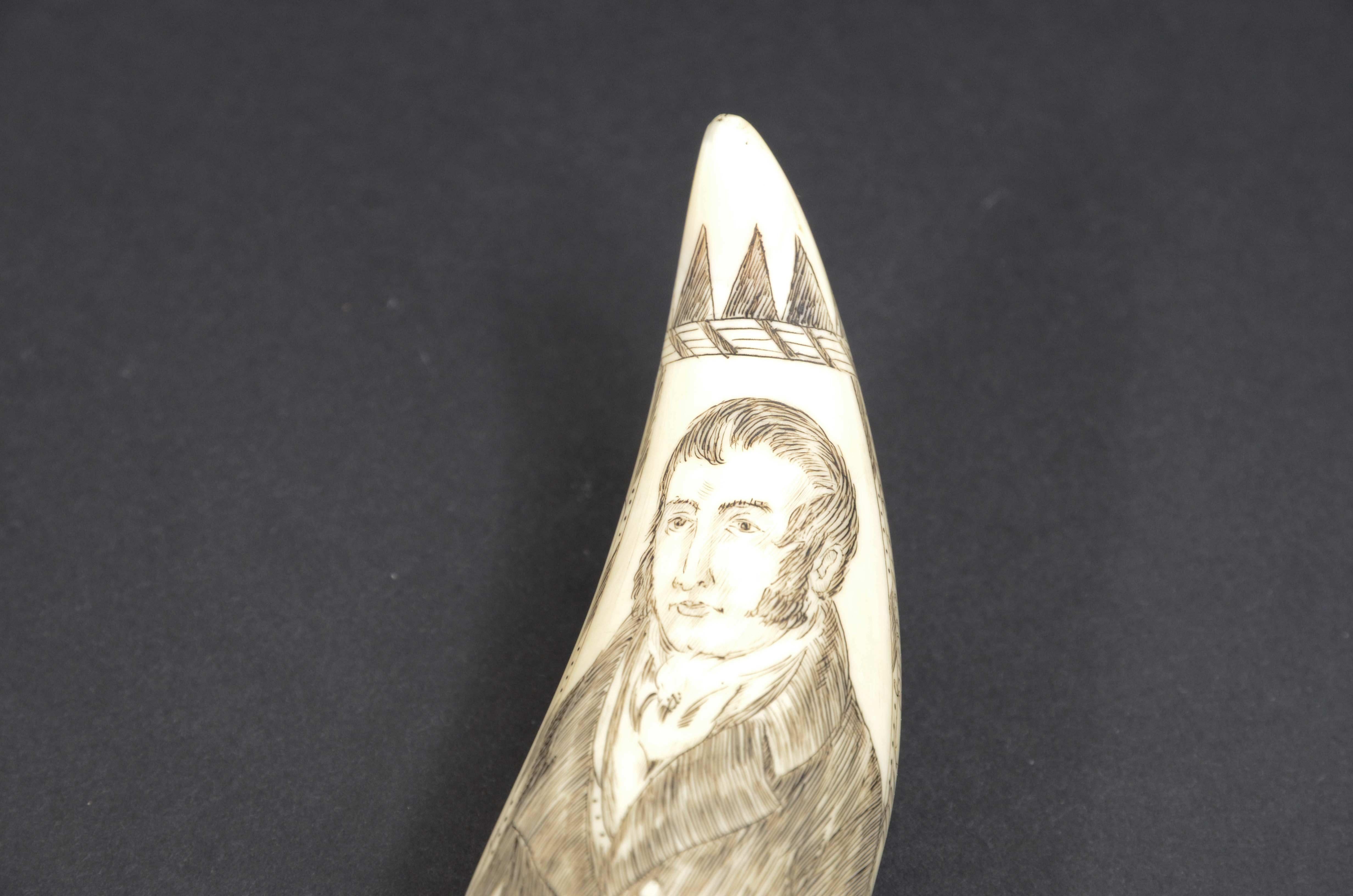 Scrimshaw of engraved whale tooth and excellent workmanship datable to around 1850 3