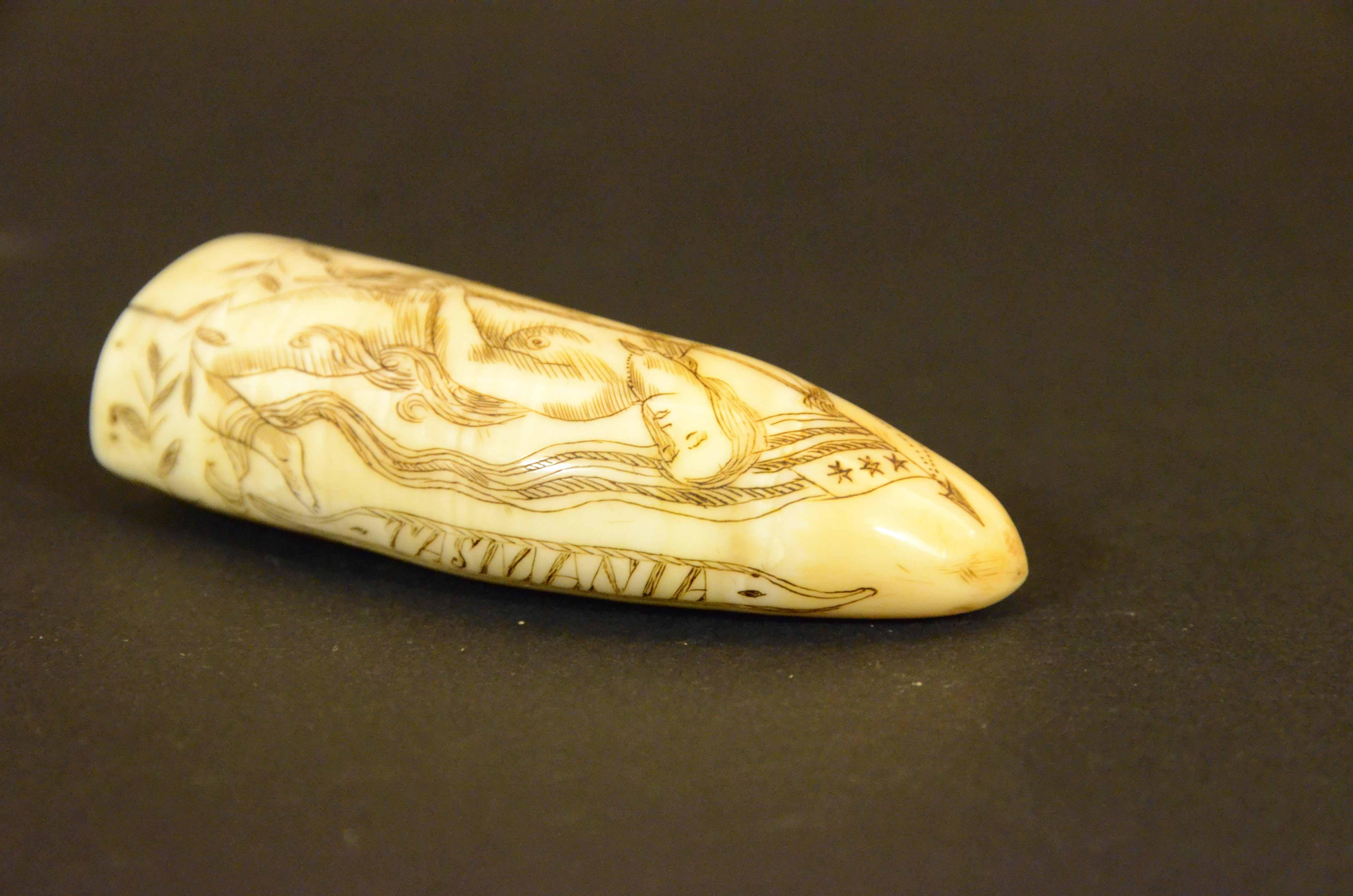 Scrimshaw of engraved whale tooth depicting naked woman with very 1850s face For Sale 9