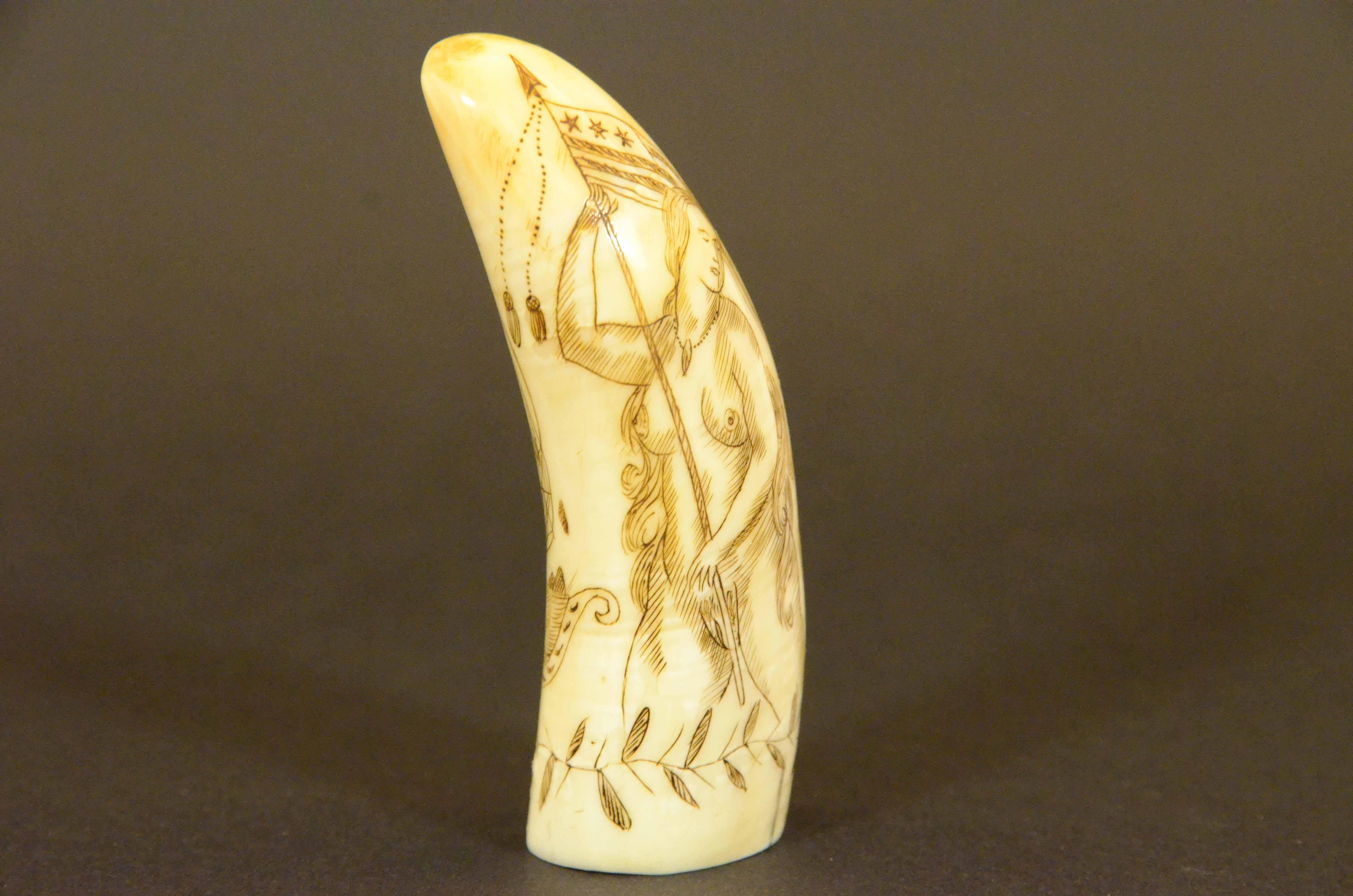 19th Century Scrimshaw of engraved whale tooth depicting naked woman with very 1850s face For Sale