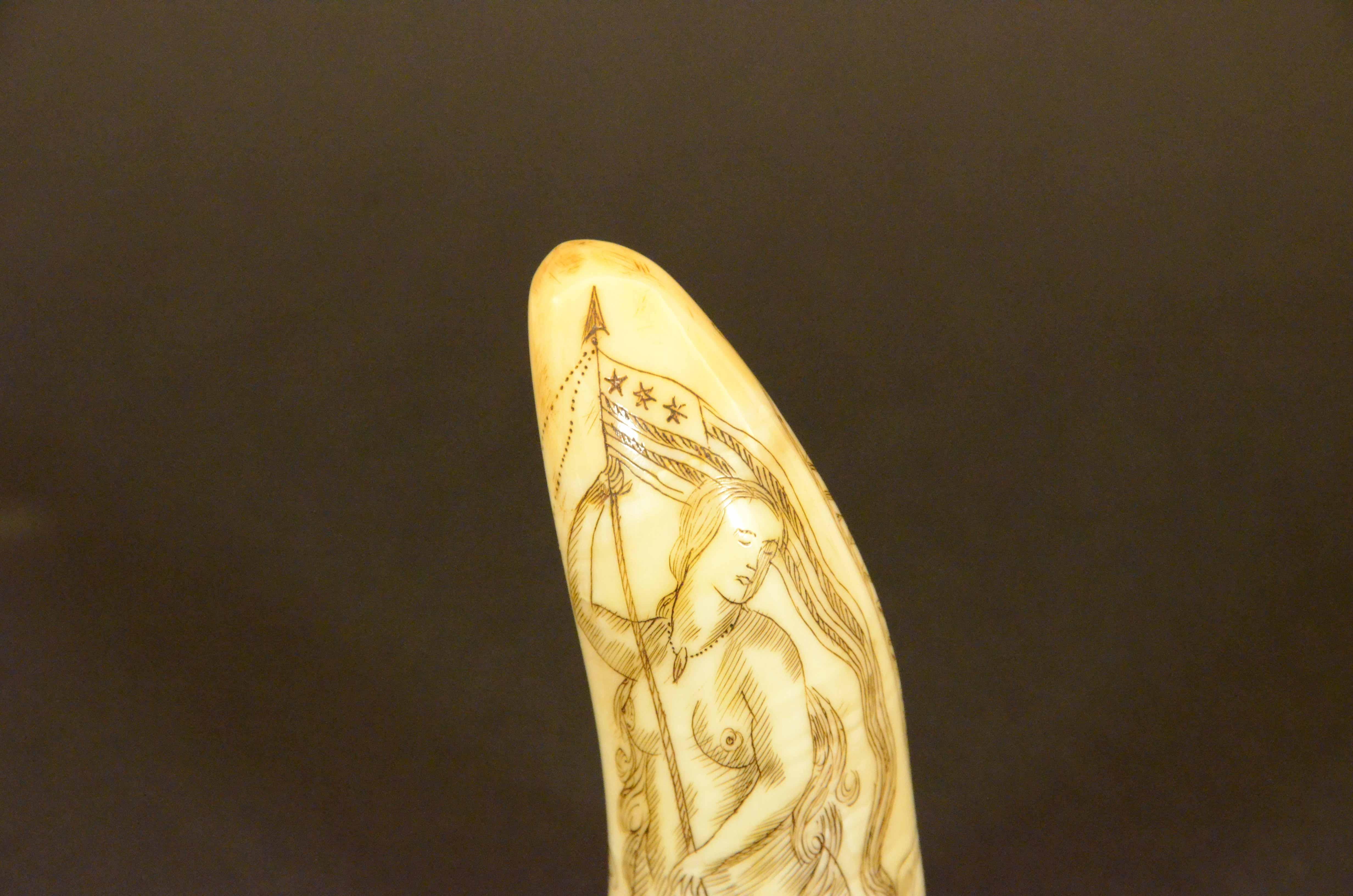 Teeth Scrimshaw of engraved whale tooth depicting naked woman with very 1850s face For Sale