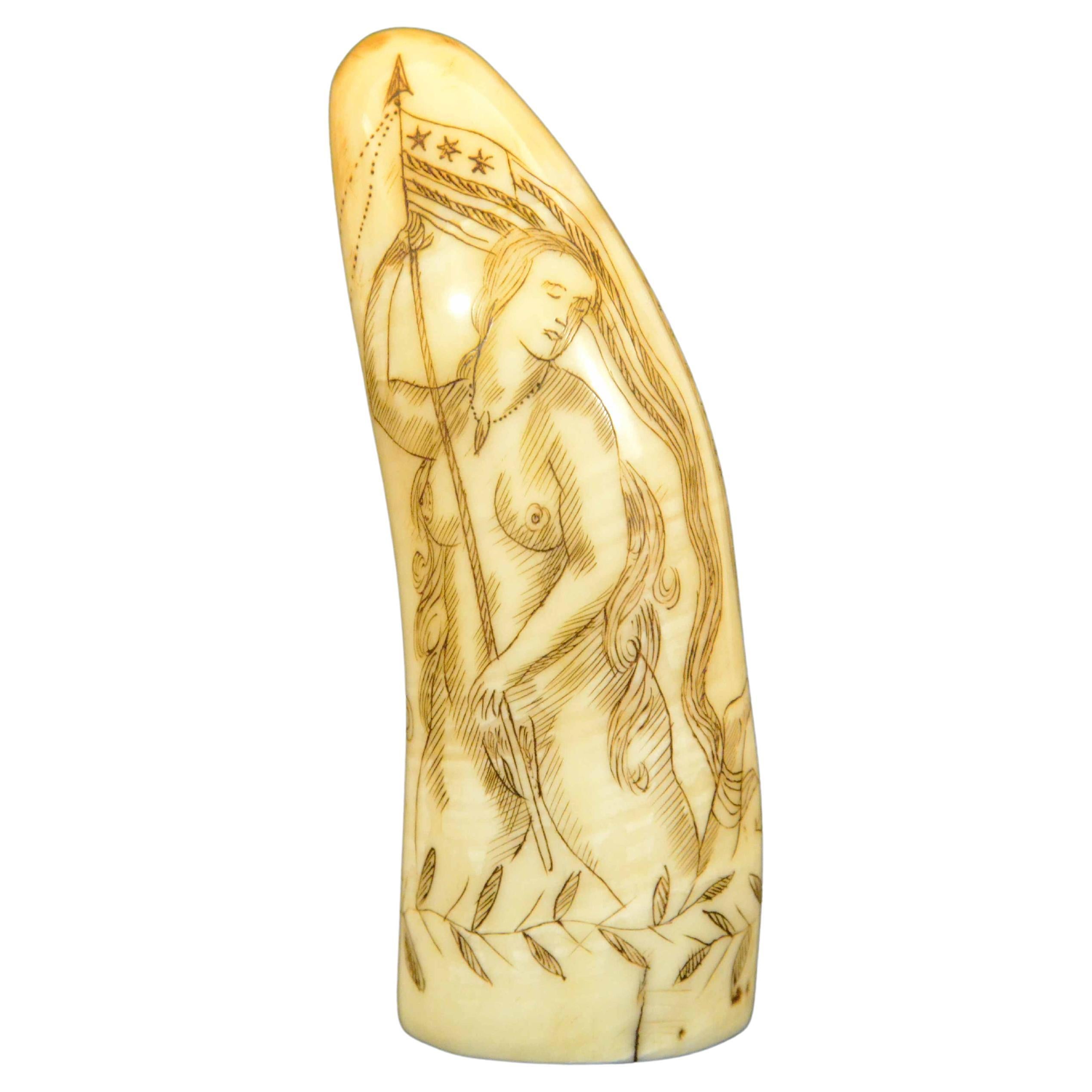 Scrimshaw of engraved whale tooth depicting naked woman with very 1850s face For Sale