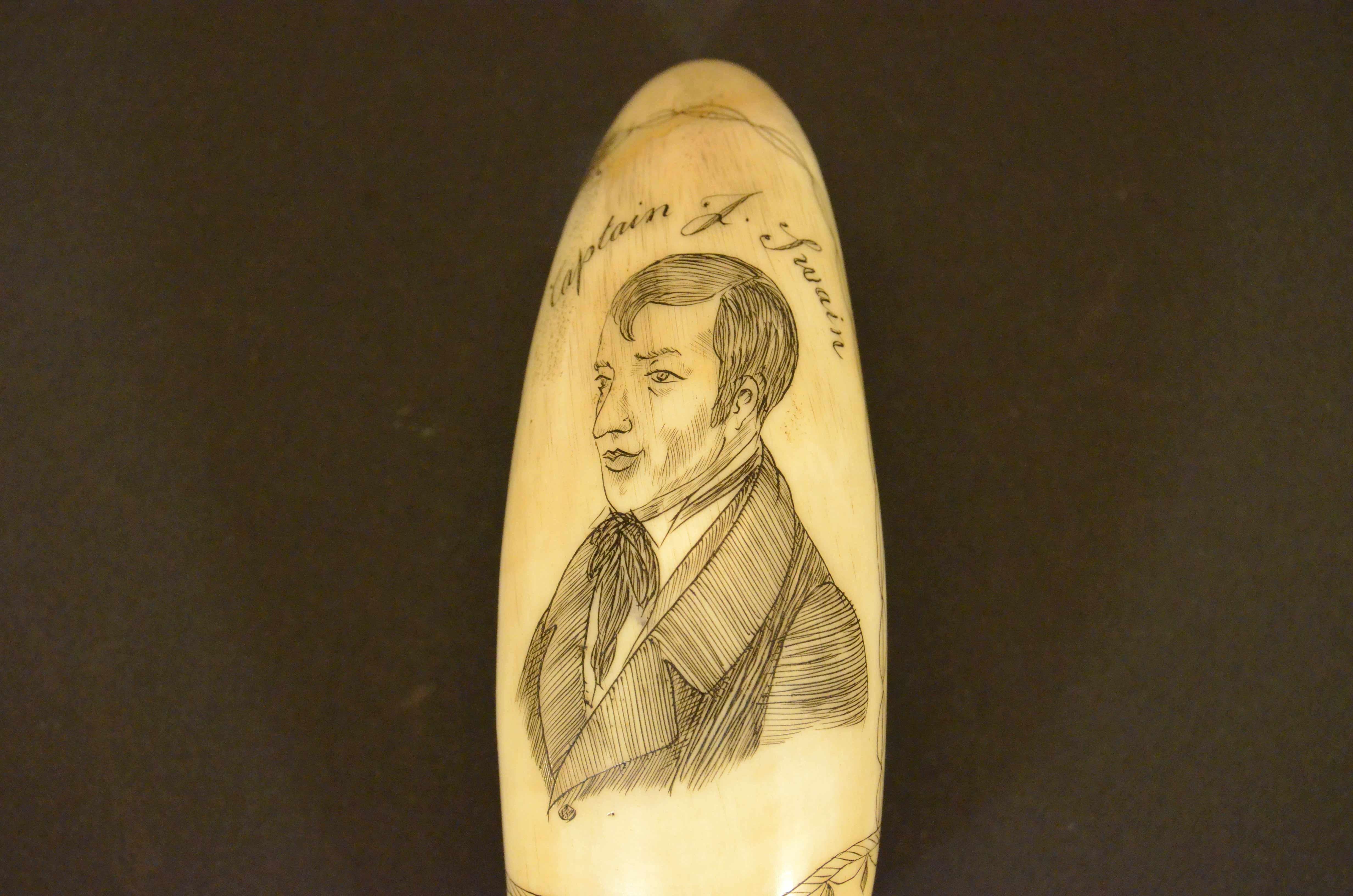 Scrimshaw of engraved whale tooth depicting the  Captain F. Swain 1850 In Good Condition For Sale In Milan, IT