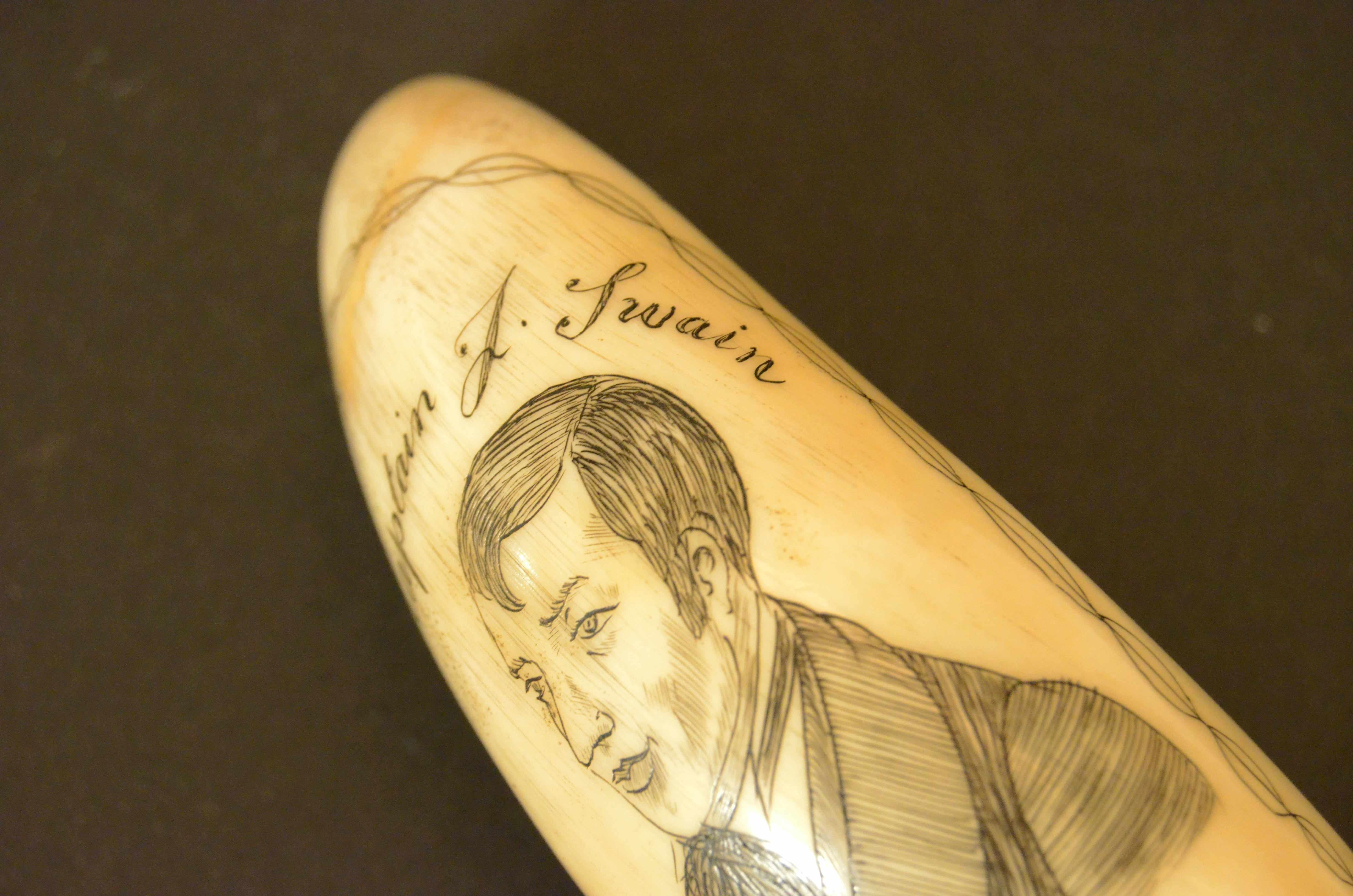 Scrimshaw of engraved whale tooth depicting the  Captain F. Swain 1850 For Sale 1