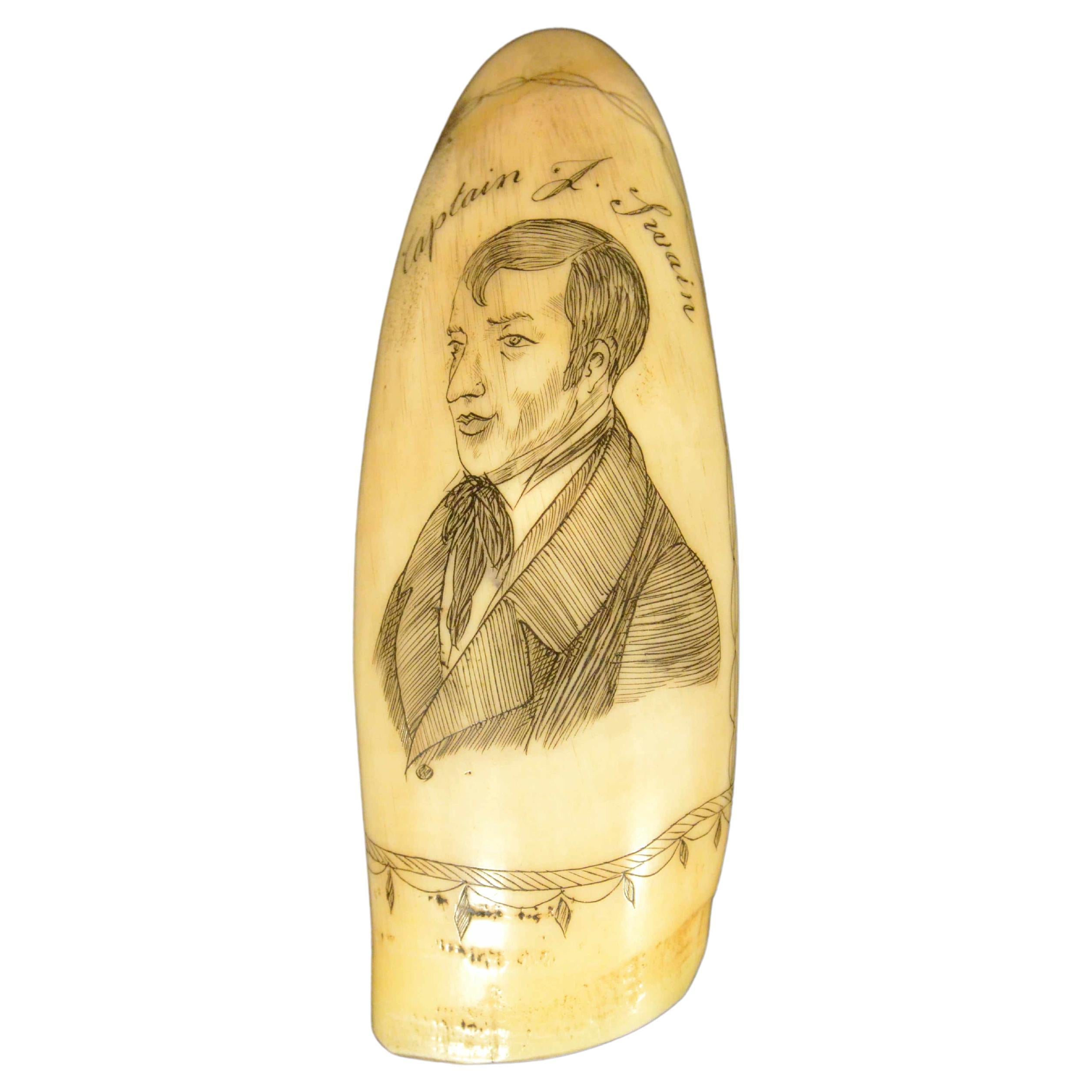 Scrimshaw of engraved whale tooth depicting the  Captain F. Swain 1850 For Sale