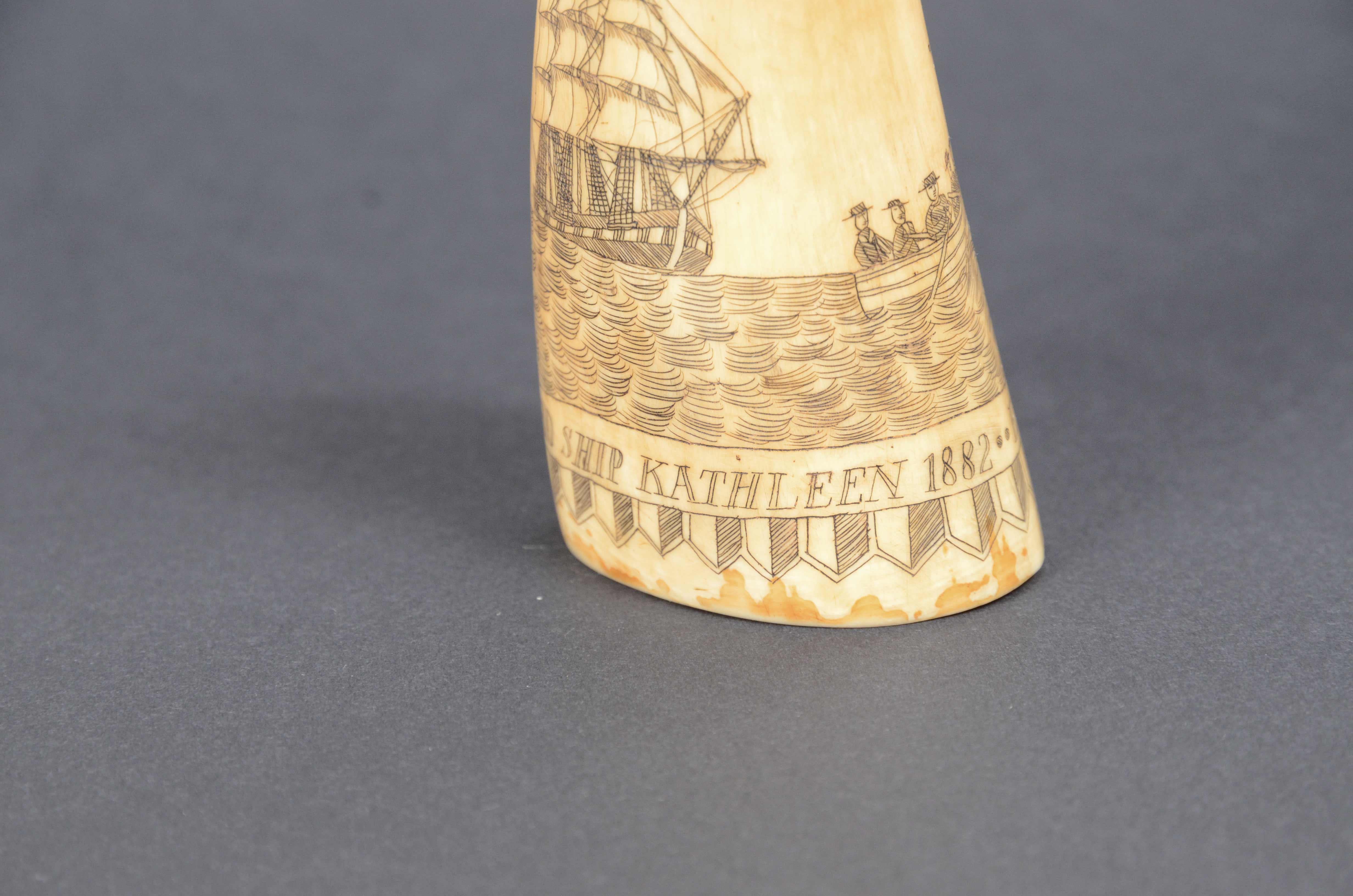 Scrimshaw of vertically engraved whale tooth valuable workmanship dated 1882 For Sale 7