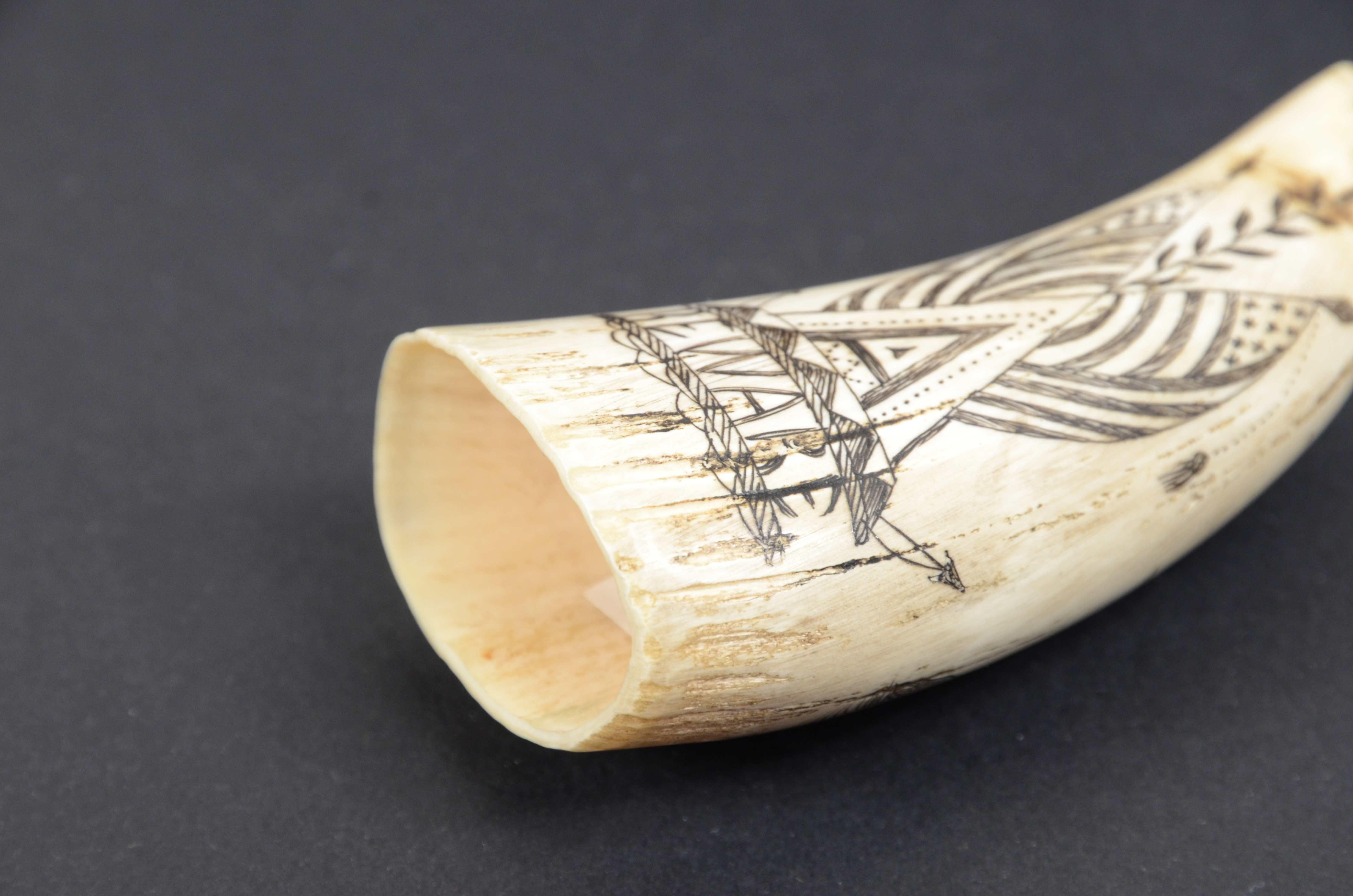 Scrimshaw di un dente di balena con faro inciso verticalmente datato 1868  5