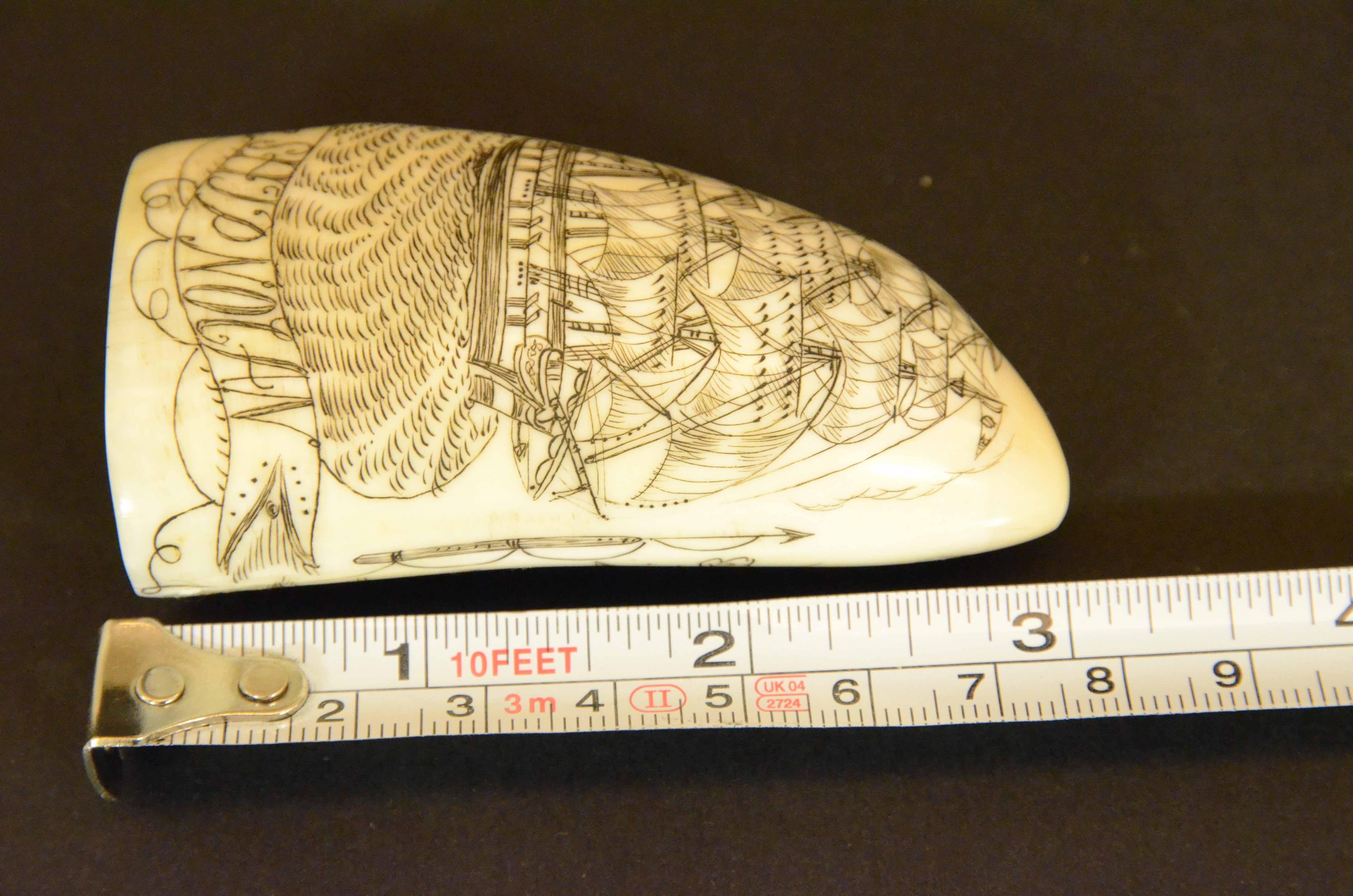 Scrimshaw of an engraved whale tooth dated 1861 depicting SHIP NOLAN For Sale 4