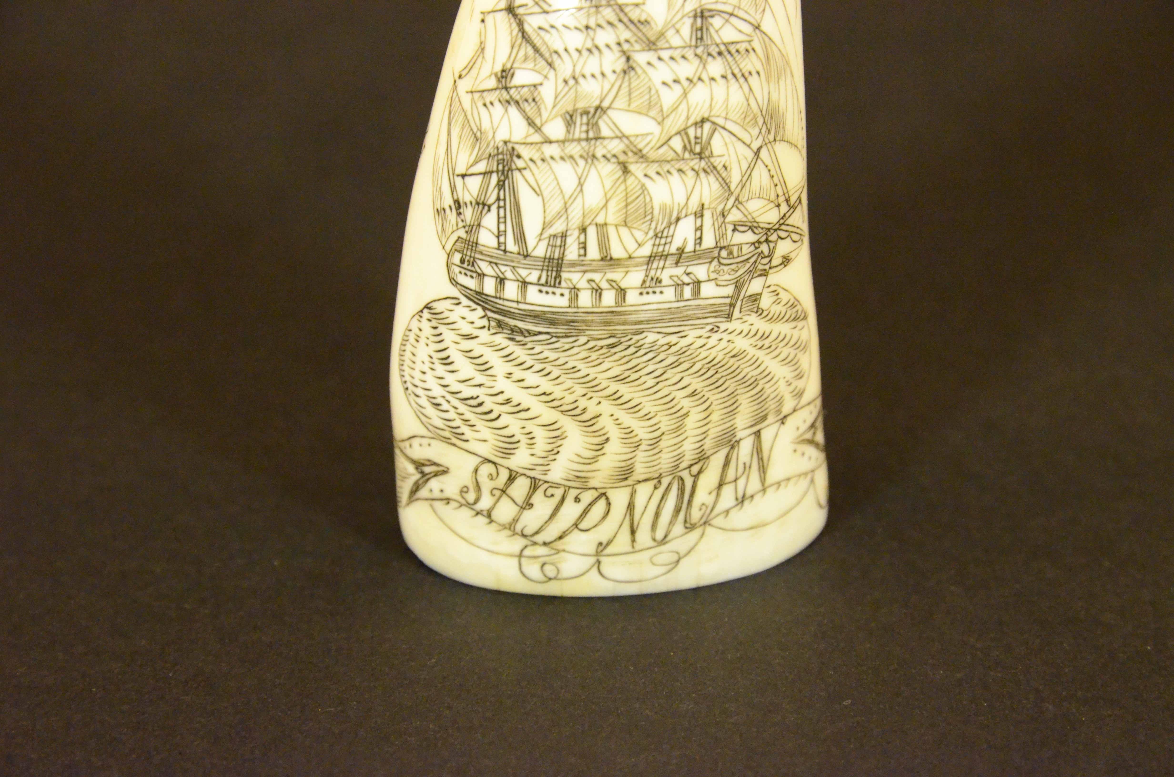 Scrimshaw of an engraved whale tooth dated 1861 depicting SHIP NOLAN In Good Condition For Sale In Milan, IT
