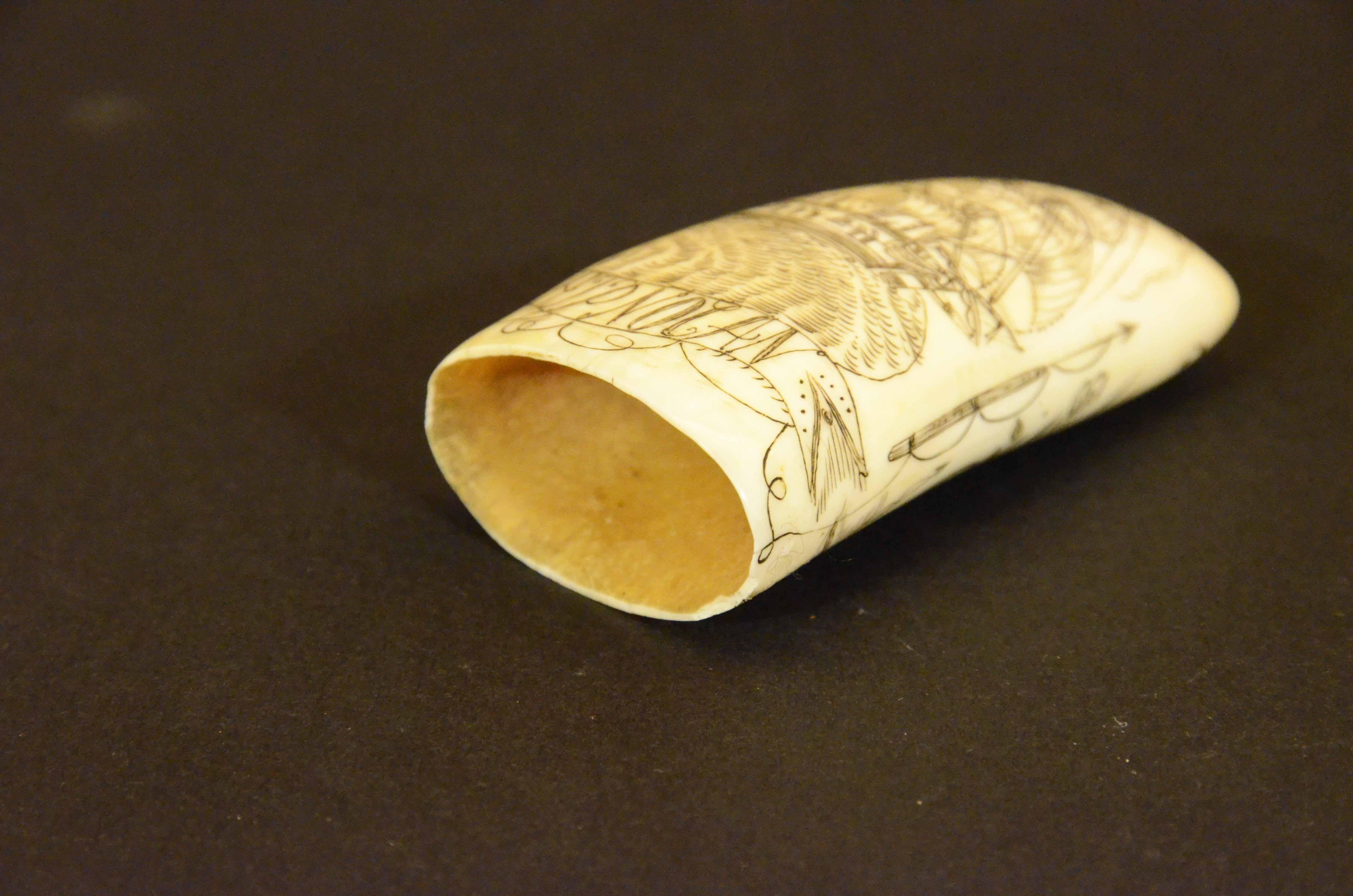 Mid-19th Century Scrimshaw of an engraved whale tooth dated 1861 depicting SHIP NOLAN For Sale