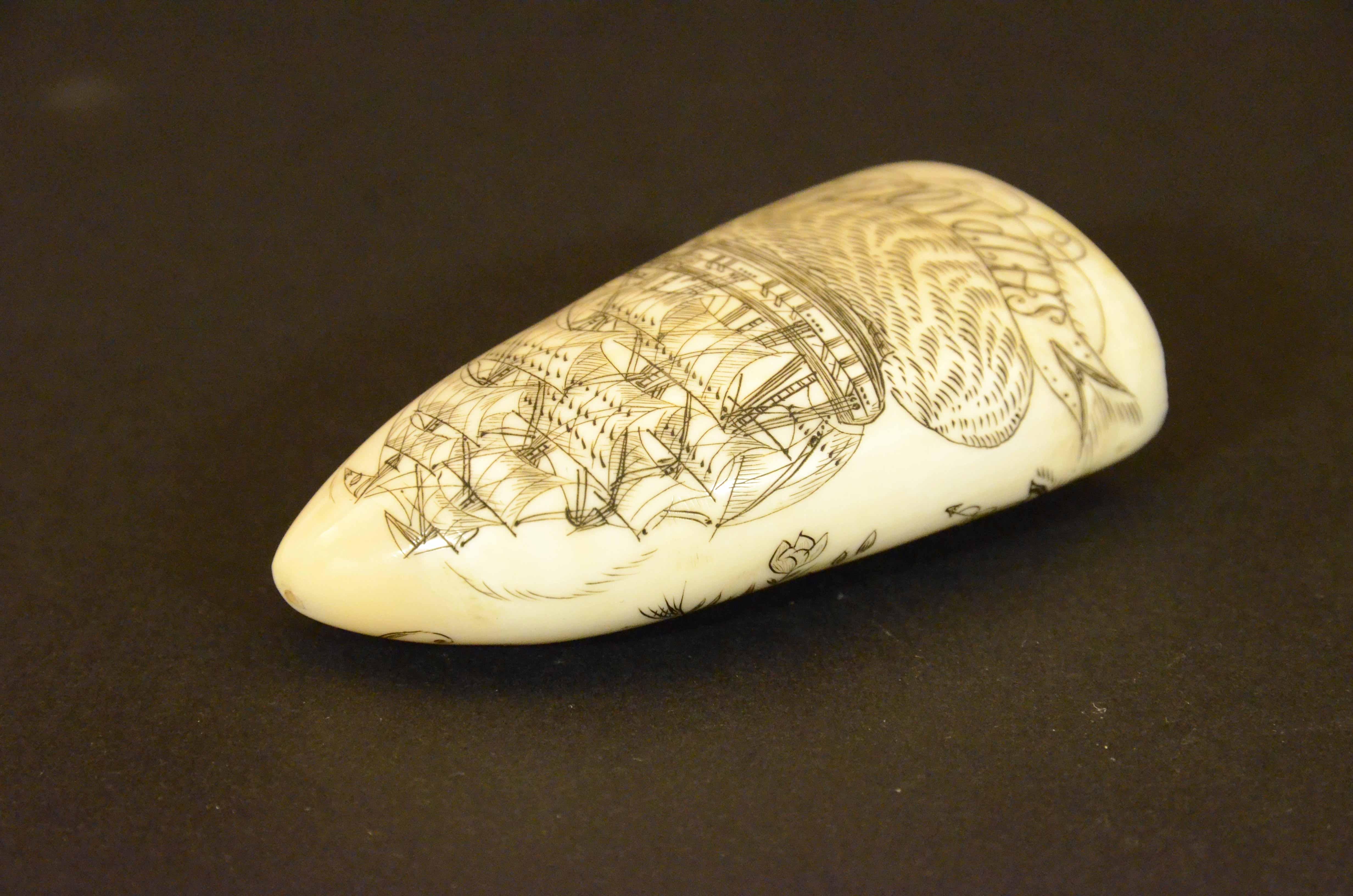 Mid-19th Century Scrimshaw of an engraved whale tooth dated 1861 depicting SHIP NOLAN For Sale