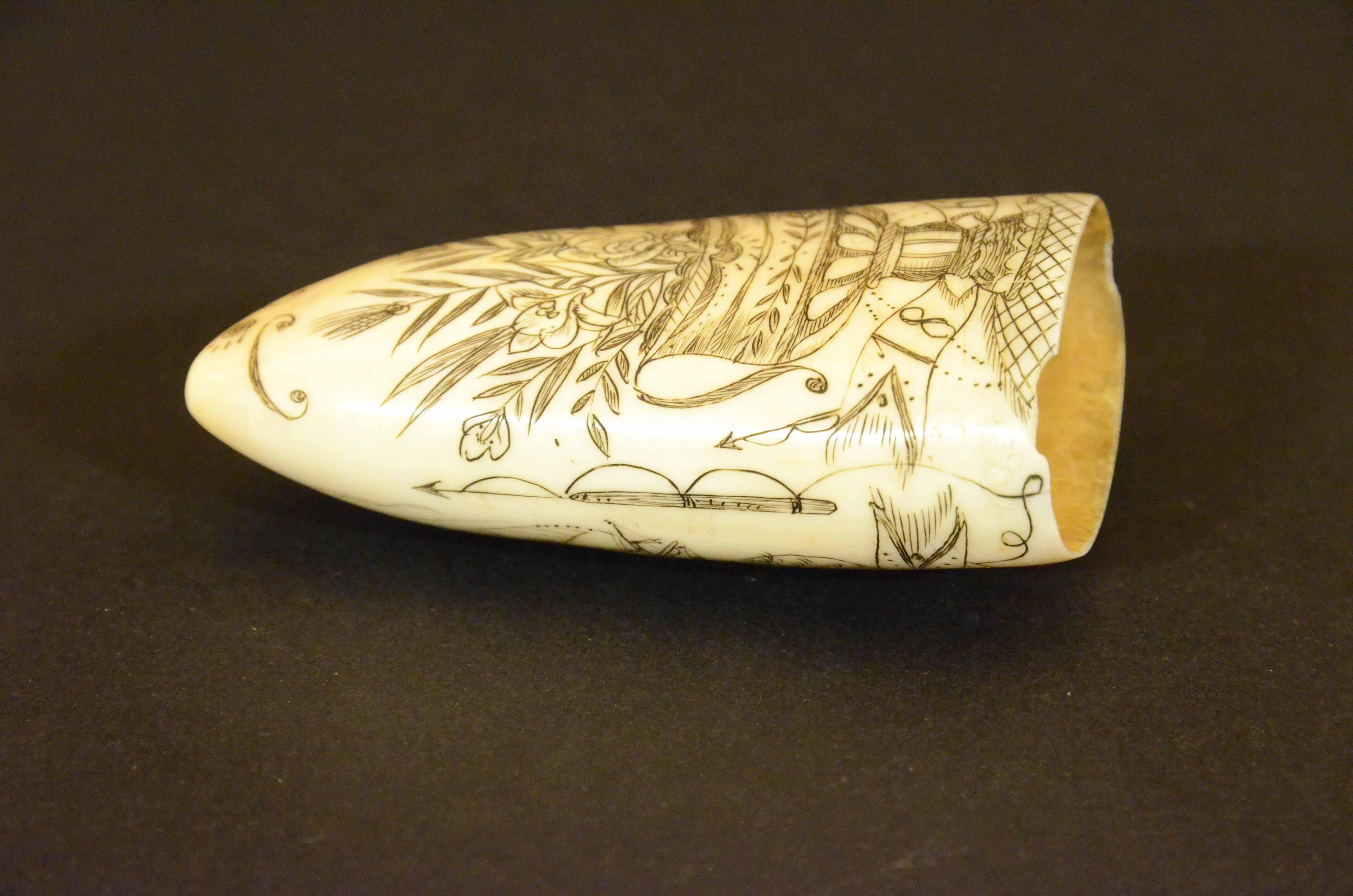 Teeth Scrimshaw of an engraved whale tooth dated 1861 depicting SHIP NOLAN For Sale