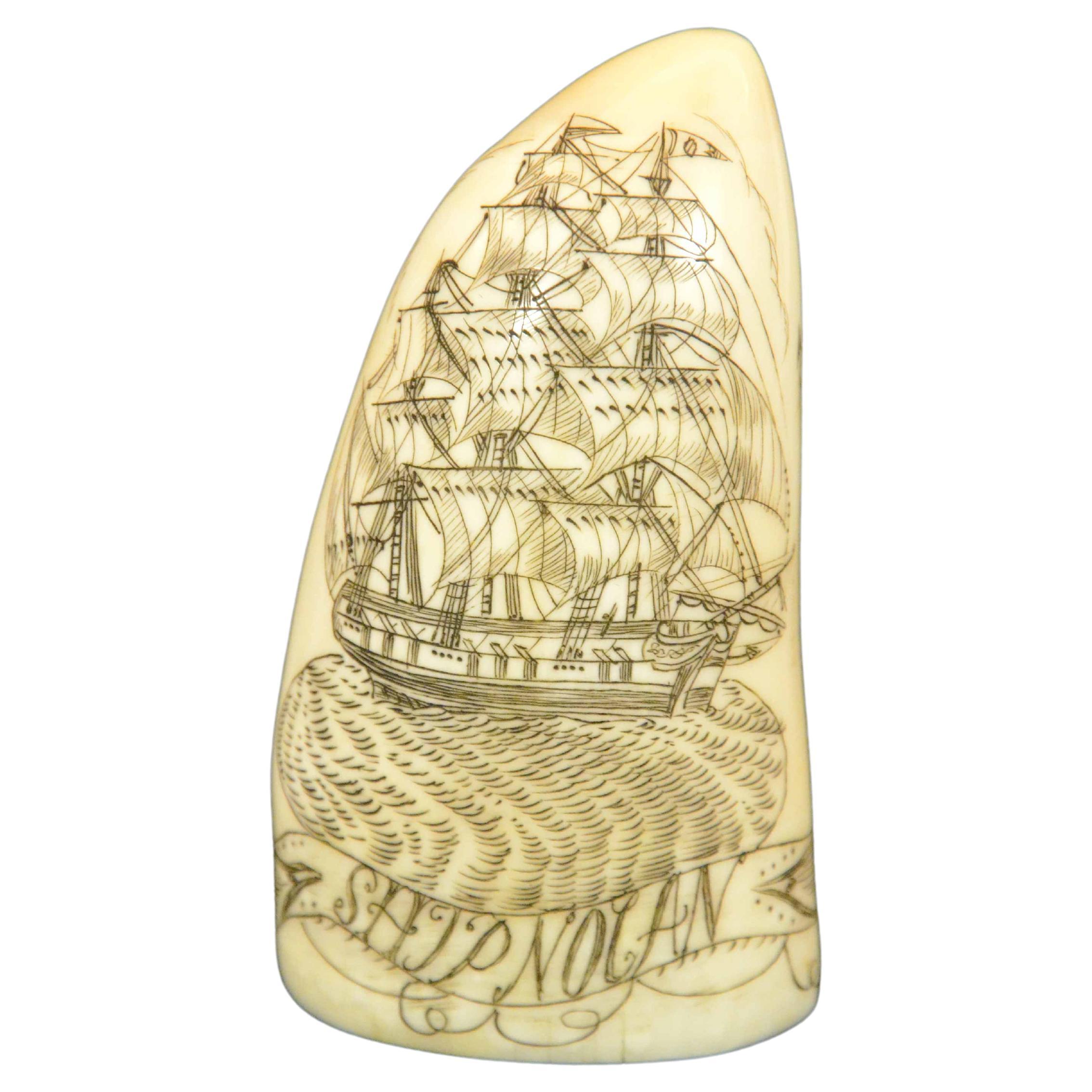 Scrimshaw of an engraved whale tooth dated 1861 depicting SHIP NOLAN