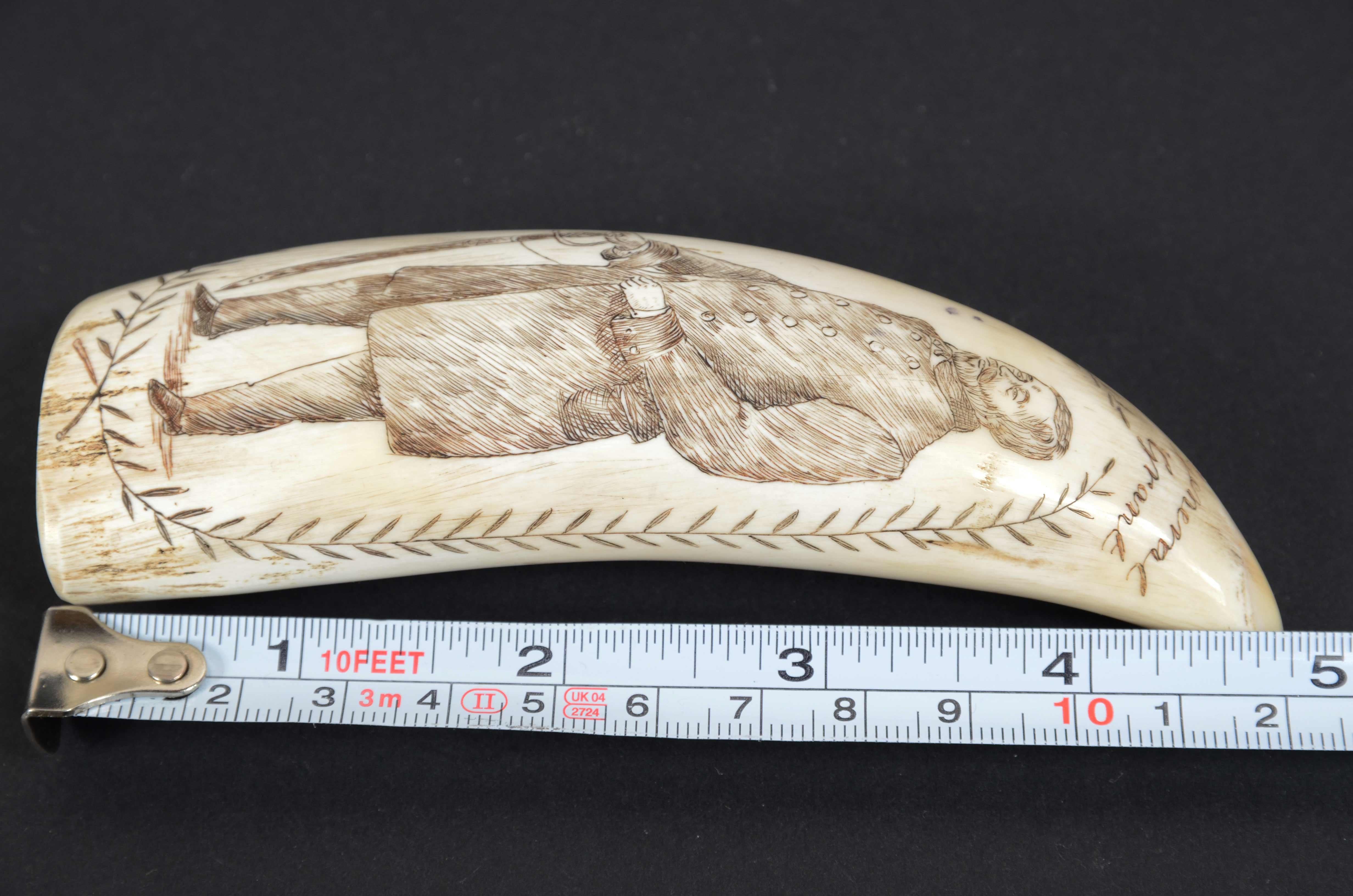 Scrimshaw di un dente di balena inciso del Generale Grant Presidente USA 1869-77 10