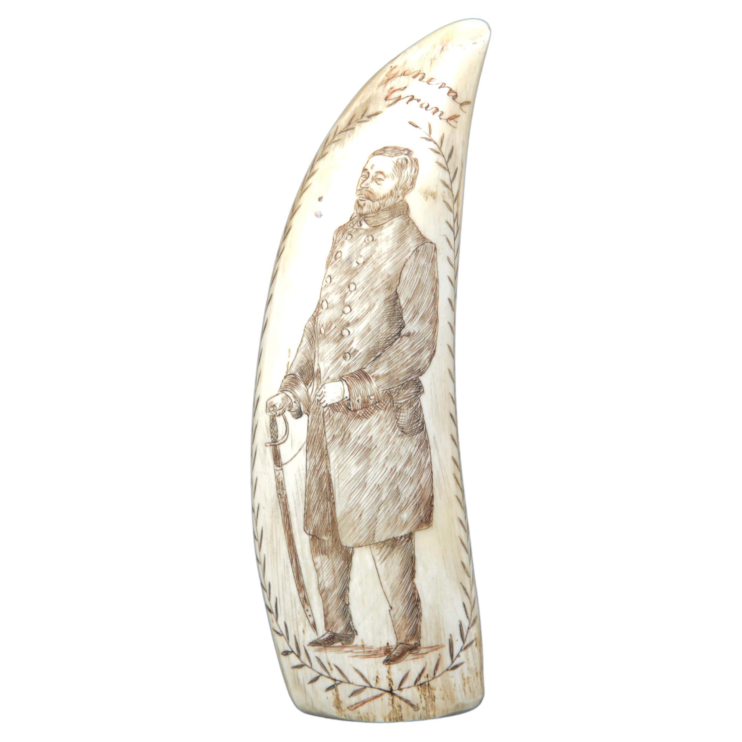 Scrimshaw di un dente di balena inciso del Generale Grant Presidente USA 1869-77