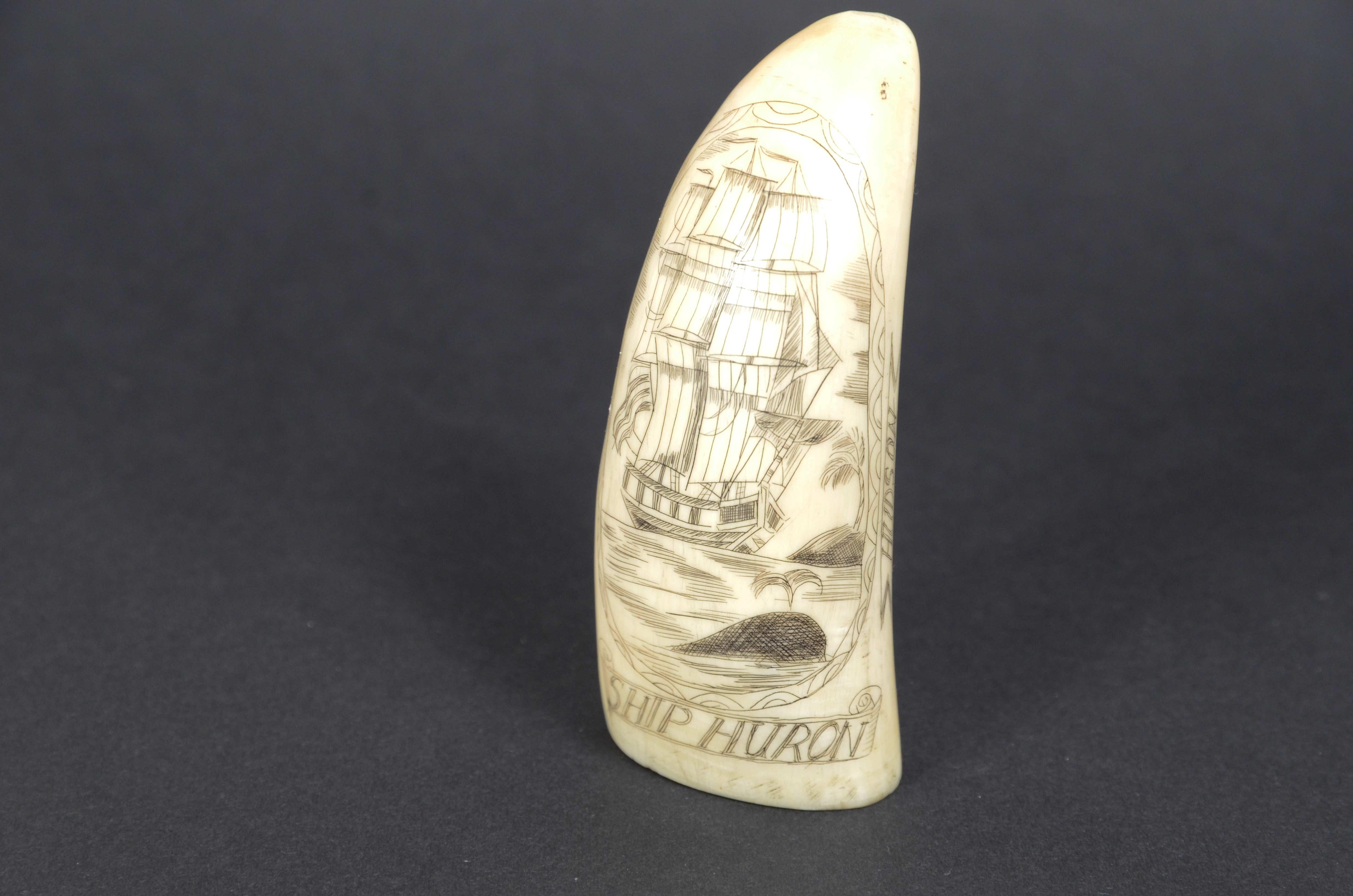 Reproduction Scrimshaw Whale Tooth | The Ship Stenrofjord | Captain N B Vincent | Resin