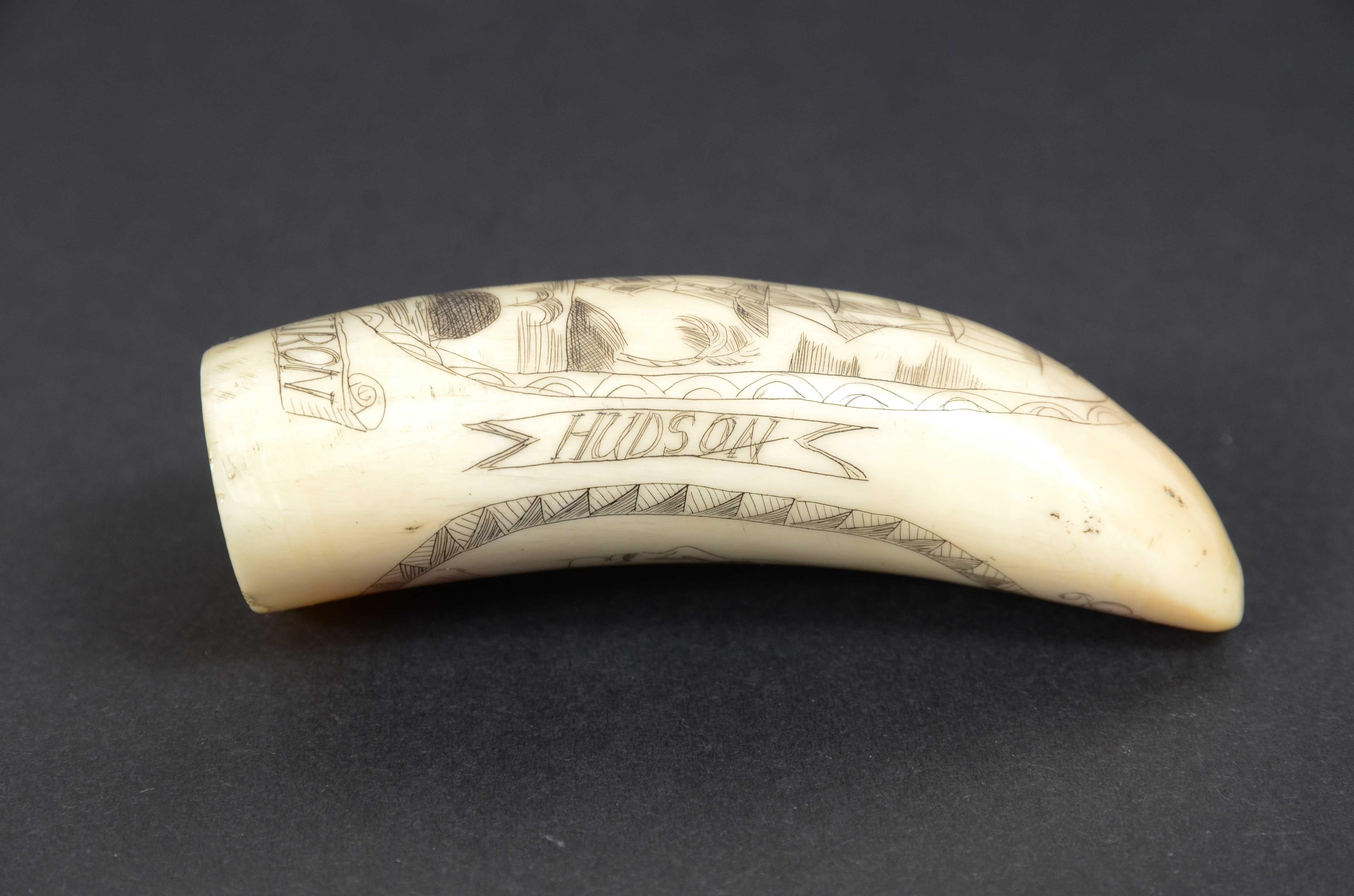 Mid-19th Century Scrimshaw of a vertically engraved whale tooth Ship Huron dated 1839 cm 9 For Sale