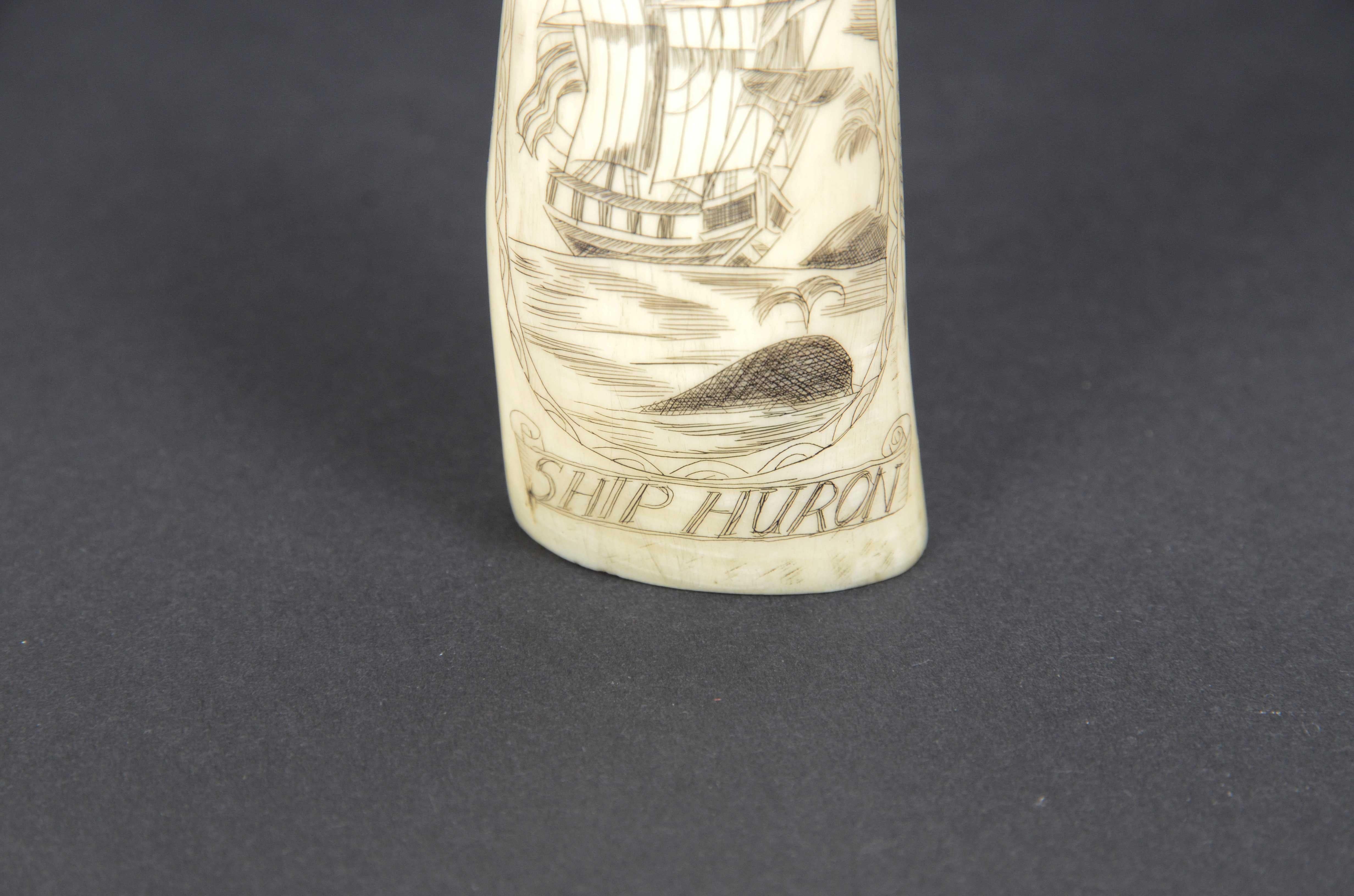 Teeth Scrimshaw of a vertically engraved whale tooth Ship Huron dated 1839 cm 9 For Sale