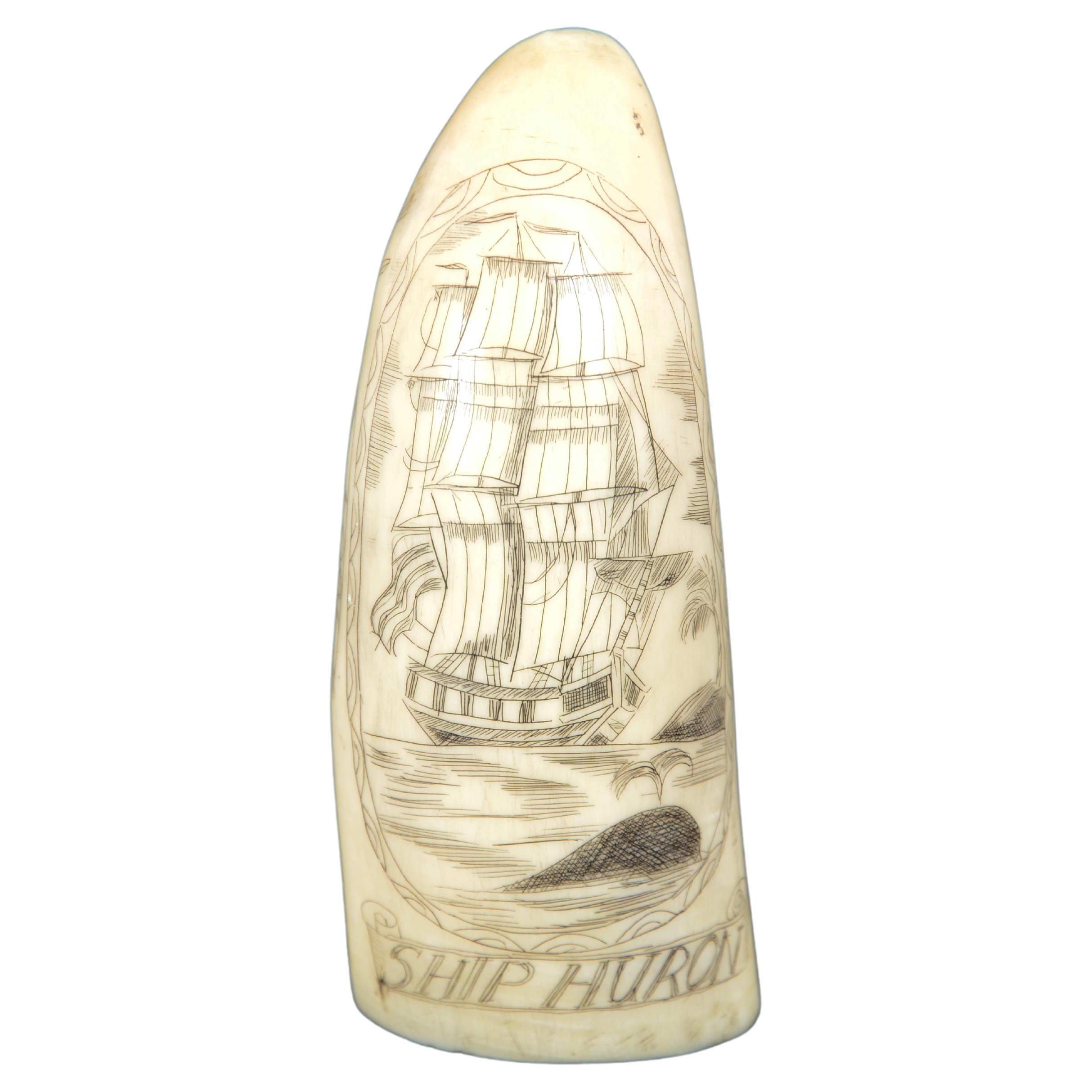 Scrimshaw of a vertically engraved whale tooth Ship Huron dated 1839 cm 9 For Sale